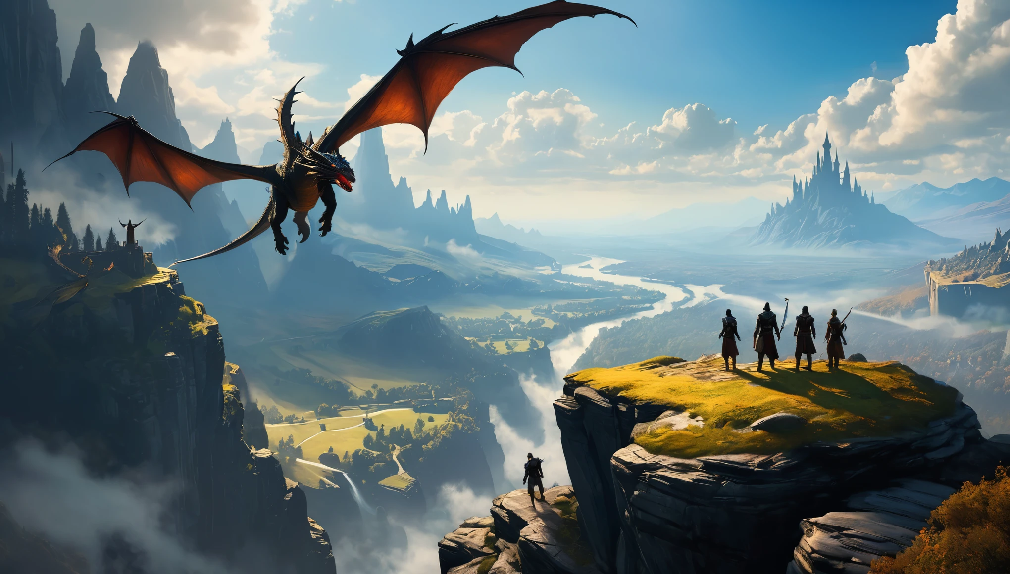 a group of people standing on a cliff with dragon flying above, concept art by Raphael Lacoste, trending on Artstation, fantasy art, dragon age, dragon age inquisition, elder scrolls art, medieval fantasy game art, epic elder scrolls art, dragons, dragons flying in the sky, elderscrolls, dragons flying around, hyperrealistic d & d fantasy art