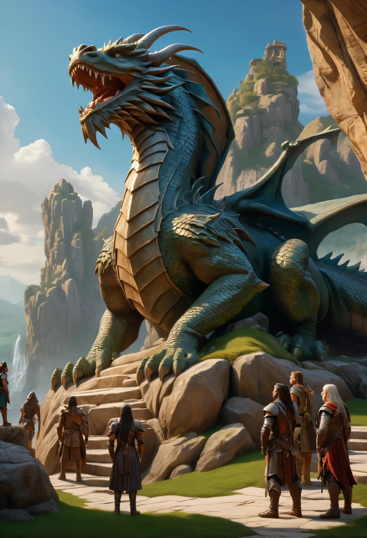 realistic drawing, dungeons and dragons, dragonlance world, fantasy, landscape, a large statue carved from a rock depicting a sitting dragon, six heroes of different races and classes standing at its foot and looking up in awe, , 8k uhd, depth of field, film grain