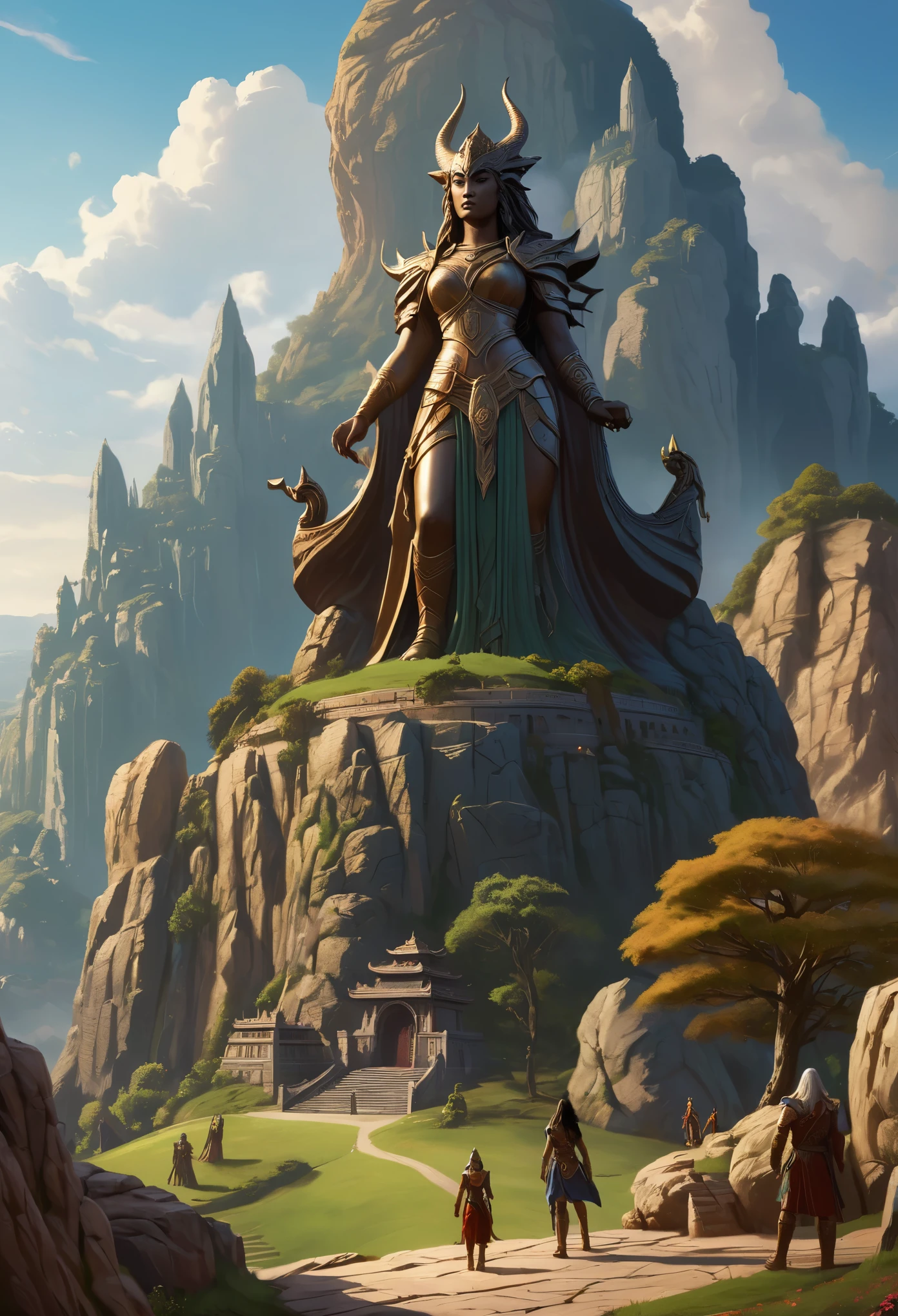 realistic drawing, dungeons and dragons, the world of dragonlance, fantasy, landscape, a large statue carved from the rock depicting the great goddess of evil, next to it is a temple of an evil goddess, several heroes of different races and classes standing on a hill in the distance look at the statue and temples, , 8k uhd,  depth of field, film grain