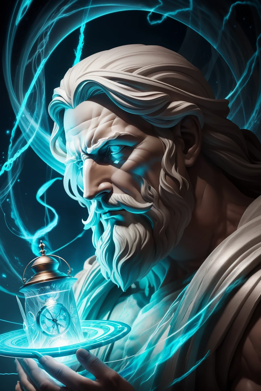 A realistic Greek god Chronos, the master of time, appears in a swirling white and blue nebulous cloud, controlling the flow of time with one hand. He holds the Sandglass of Life in the other, where the relentless passage of time is visibly draining away. The super detailed, hyper realistic sculpture captures every line and crease on Chronos' wise and weathered face, as he gazes off into the distance, deep in thought. The moody atmosphere is further emphasized with brighter lights illuminating the intricacies of the sculpture in the 8K Ultra High Definition image. Details such as Chronos' piercing eyes, short grey beard, and the tickets