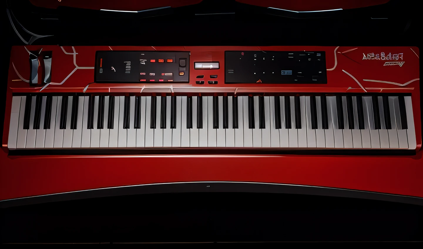 red keyboard with white rays printed on its painting, two black control panels with a display in the center