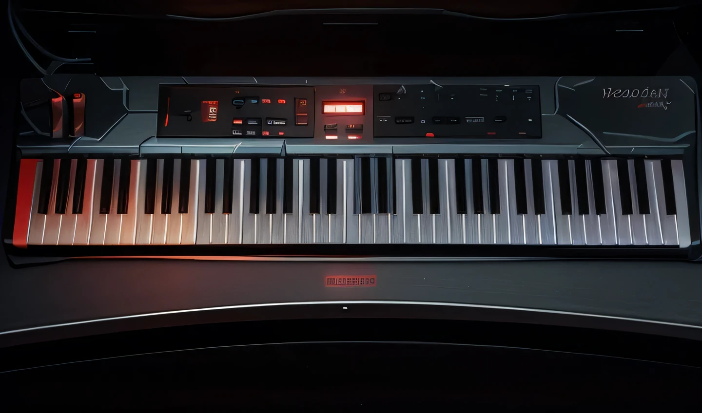 red keyboard with white rays printed on its painting, two black control panels with a display in the center