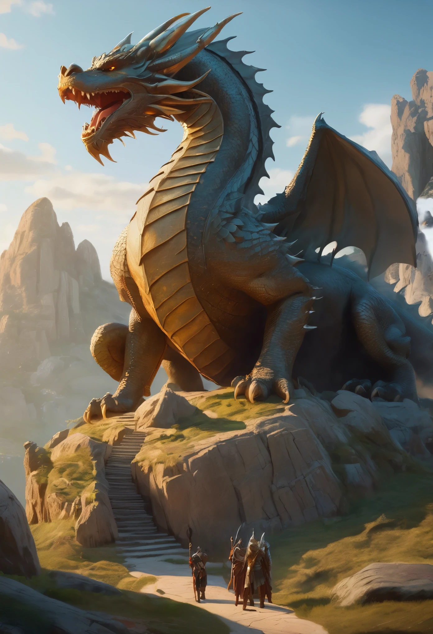 realistic drawing, dungeons and dragons, dragonlance world, fantasy, landscape, a large statue carved from a rock depicting a sitting dragon, six heroes of different races and classes standing at its foot and looking up in awe, , 8k uhd, depth of field, film grain