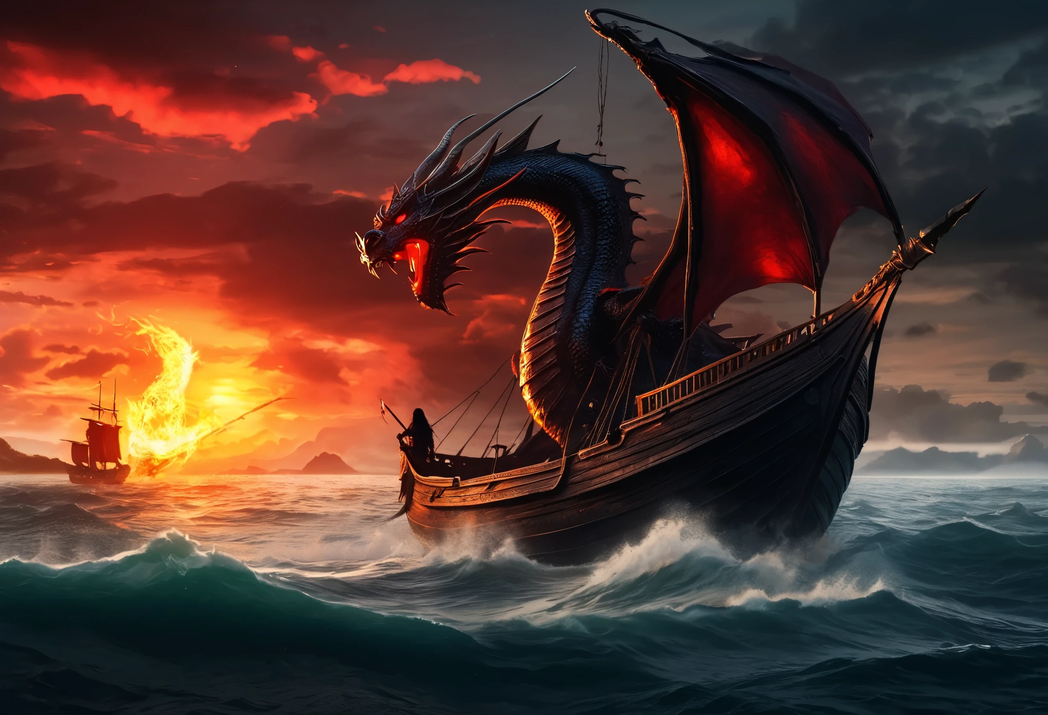 realistic drawing, dark fantasy atmosphere. a landscape, a beach by the ocean and a woman on a dragon, a warrior, Asian facial features, red glowing eyes, she has a magical and dark armor with a sinister aura around it, a strange serrated sword in her hand. the dragon breathes fire and attacks approaching war galleons. sunset, single clouds, war galleons destroyed by a dragon at sea., depth of field, film grain, 8k uhd
