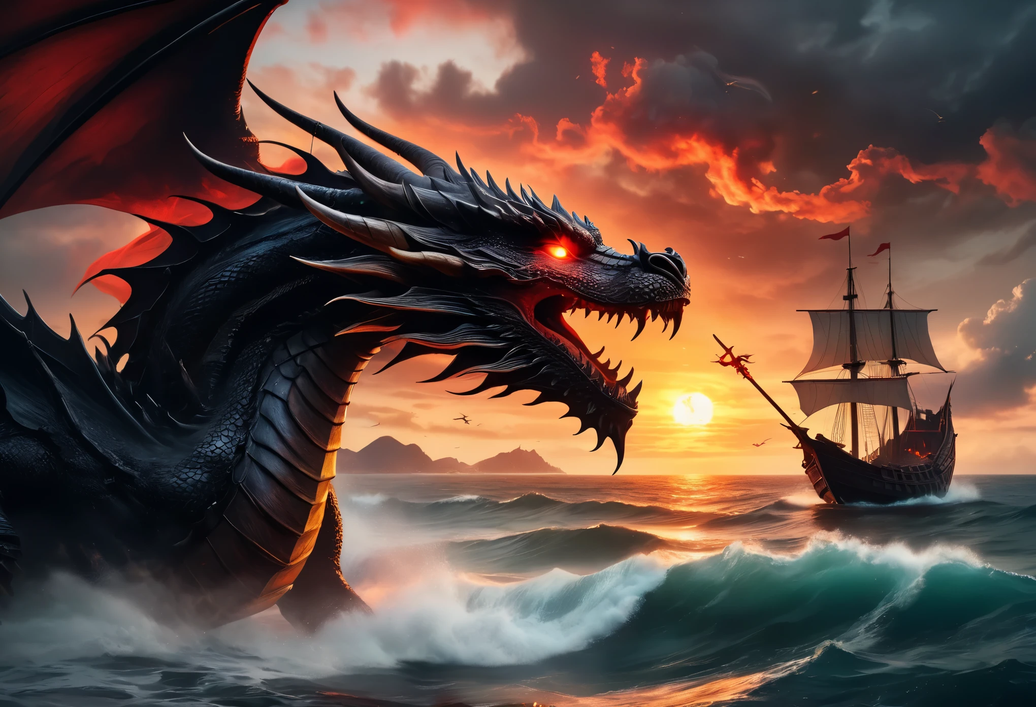 realistic drawing, dark fantasy atmosphere. a landscape, a beach by the ocean and a woman on a flying dragon, a warrior, Asian facial features, red glowing eyes, she has a magical and dark armor with a sinister aura around it, a strange serrated sword in her hand. the dragon breathes fire and attacks approaching war galleons. sunset, single clouds, war galleons destroyed by a dragon at sea., depth of field, film grain, 8k uhd