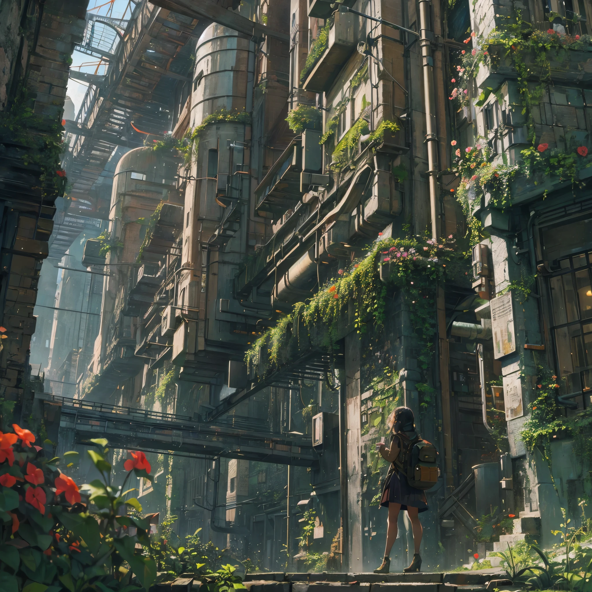 A huge futuristic industrial city, a beautiful girl exploring, the detailed walls covered with ivy and flowers, carrying a small backpack, a fantastic atmosphere, industrial piping spread out.