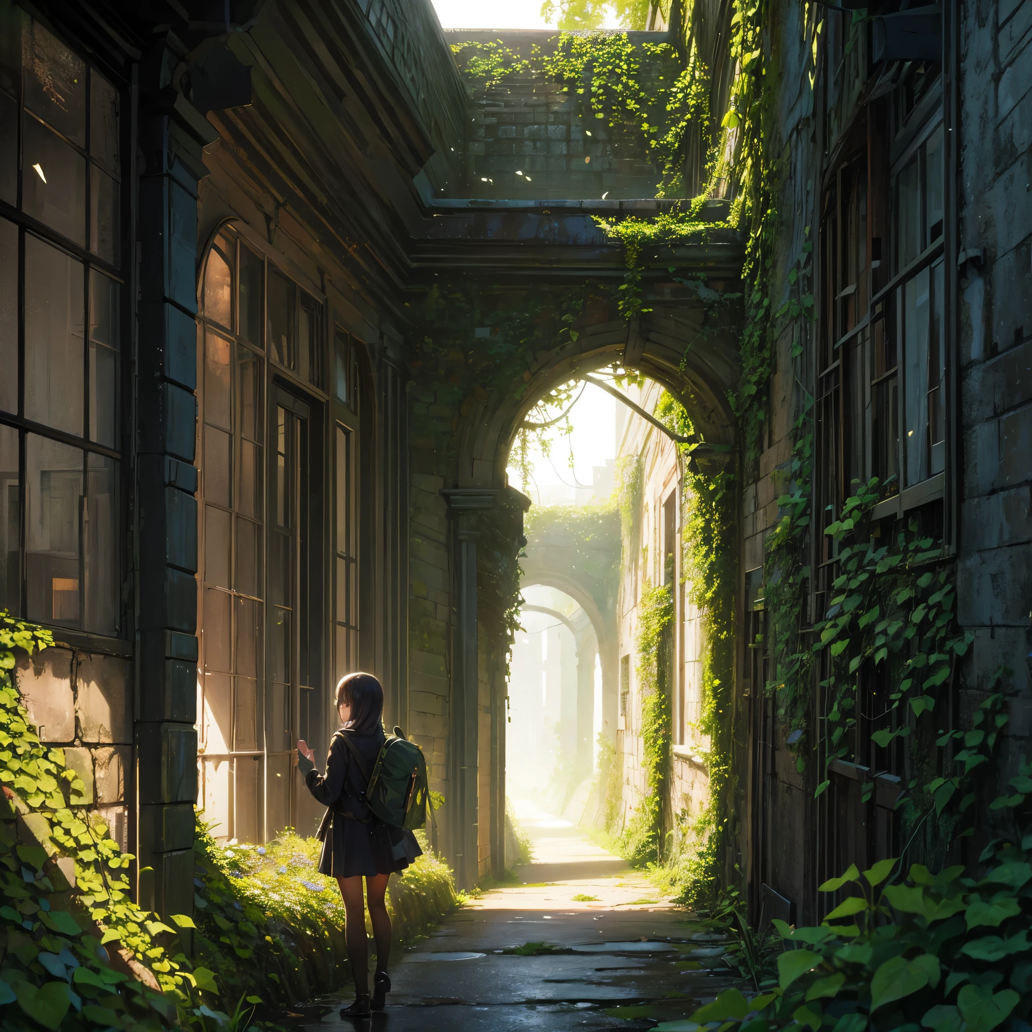A huge decaying future city, a beautiful girl exploring, the detailed walls covered with ivy and flowers, carrying a small backpack, a fantastic atmosphere.