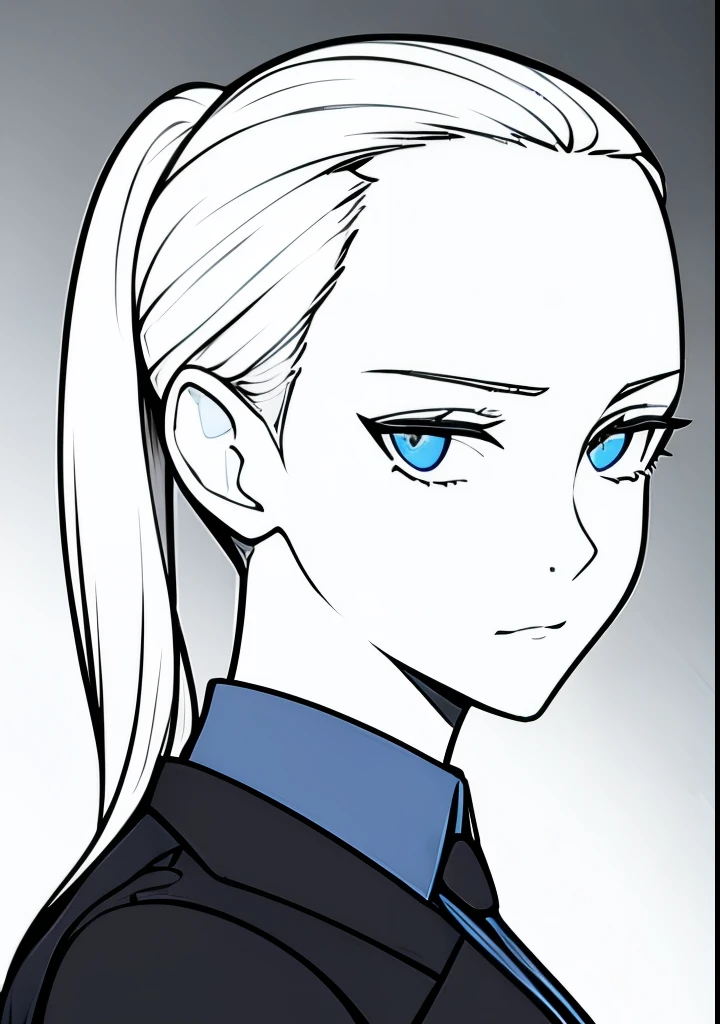 One Young Adult female, white and tender skin, pale blonde slicked back into a short ponytail, steel blue eyes, light and carefree expression, wearing black suit jacket and tie, portrait style, facing forwards