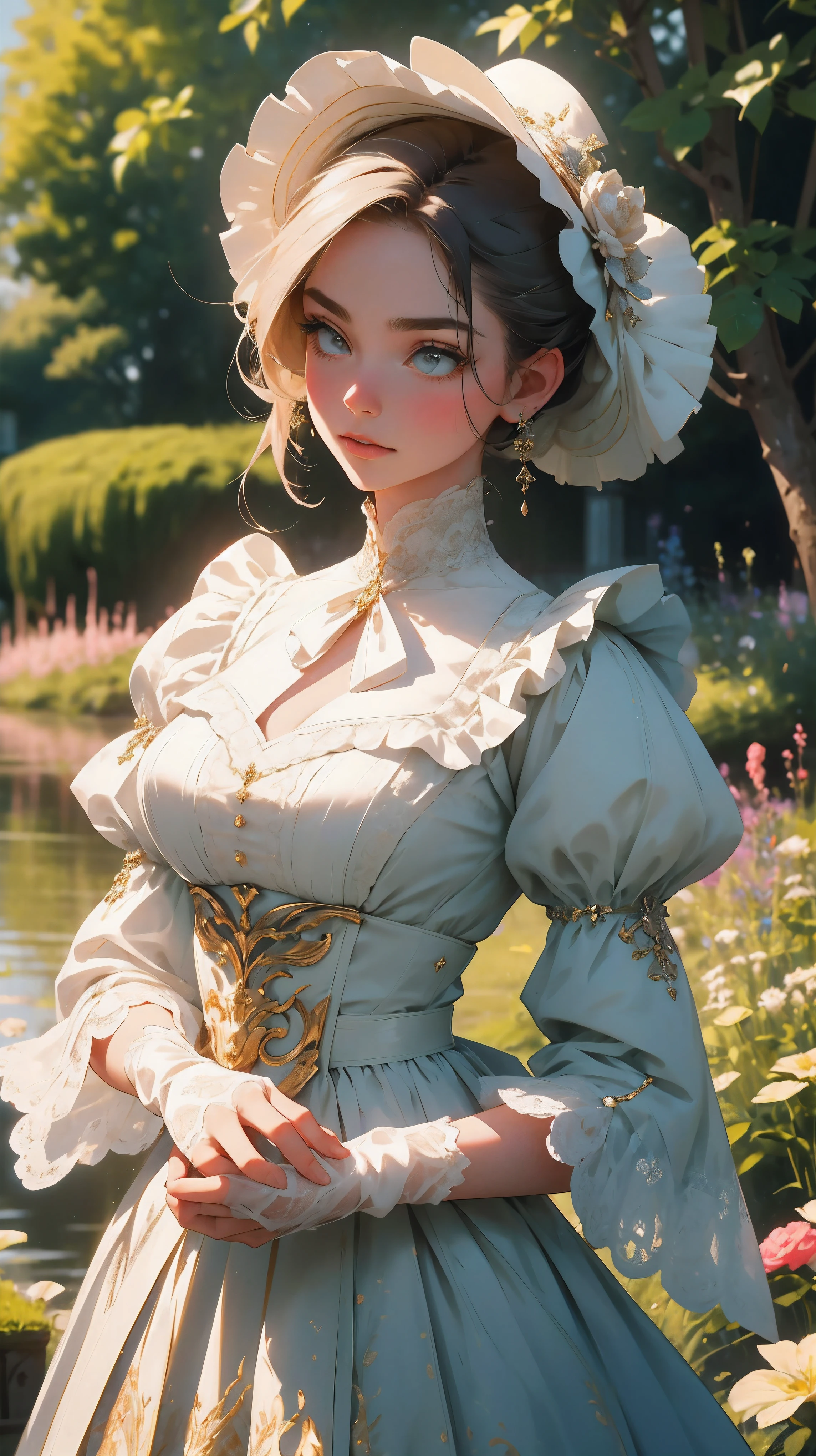 (best quality,4k,8k,highres,masterpiece:1.2), A beautiful young woman from the Victorian era in Great Britain, adorned in traditional attire. She is Caucasian, with expressive features and a refined posture reflecting the period's fashion aesthetics. Her dress is elaborate, featuring layers of laced petticoats and a fitted bodice, enhanced with intricate embroidery. She wears delicate gloves and sports an elegant bonnet decorated with silk ribbons and fresh blooms. The scenic backdrop is a quintessential English garden, radiating the serene ambiance of the historic period.