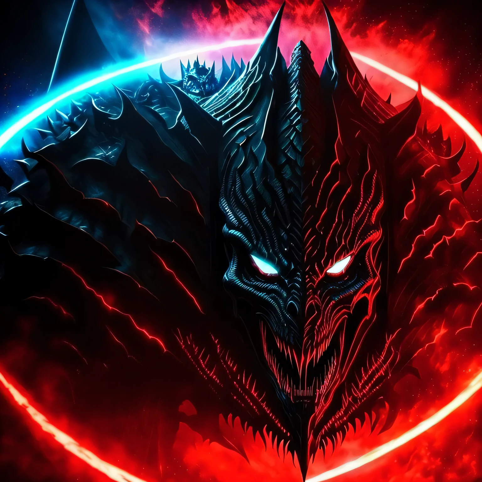 (dark lord, devil, demon, Lucifer, Satan, alien, skeleton, dragon, lich, dark lord, Megatron, Terminator, spirit, Sauron, Voldemort, Darth, vampire, kaiju, mummy, werewolf, indigo, high quality, masterpiece:1.2) intense and detailed eyes, sinister expression, menacing aura, eerie atmosphere, hauntingly beautiful scene, shadowy silhouette, intricate textures, dynamic composition, vibrant colors, gothic art style, dramatic lighting, ethereal glow.