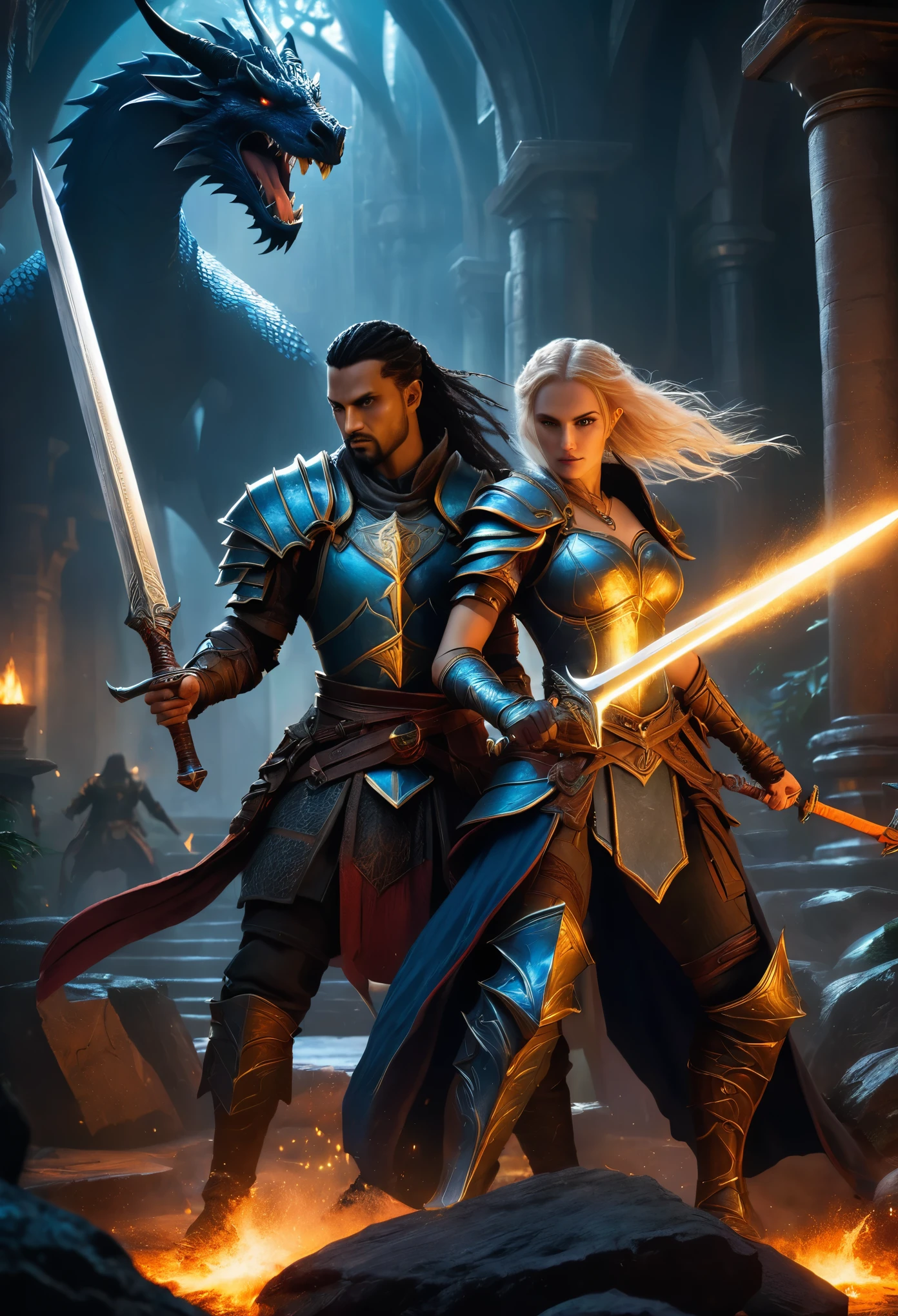 a character of a powerful warrior and a powerful sorceress in a dark fantasy world. in the background some realistic views in a dark fantasy style with more details, variety, richness, and depth. the couple is fighting together against many enemies. the man is using a big sword, the woman is using magic and spells. use the cinematic technique, Fujifilm xt3, large depth of field, beautiful light that matches the character and the environment. their armor and clothes are worn and dirty, bearing signs of battle, their hair is dirty and sweaty. the warrior and the sorceress have more details on their face, body, and clothes that reflect their personality and history. the details are more refined and realistic. the details are more elaborate and expressive. the background has more details that make it more realistic and immersive. the couple belongs to different races in each variation of the pictureepic fantasy game art, d & d dragon age warcraft, 4k fantasy art