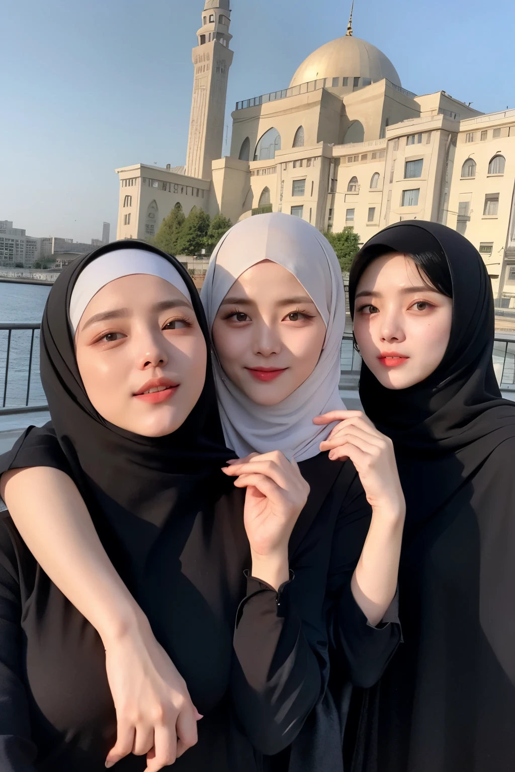 ((Best quality, 8k, Masterpiece :1.37), multiple people wear hijab, threesome standing, (three girl shijabs moslem), Beautiful face, Ultra-HD Face, Face Lighting, Lips laughed lightly,,big breasts, (three girls wear hijab muslim), wear hijab muslim, dark brown hair, tall building background, (Blue sky view, :1.1), face very detailed, detailed red lips, detailed eyes, (korean eyes), double eyelids, detailed nose, detailed legs, three girls wear hijab moslem