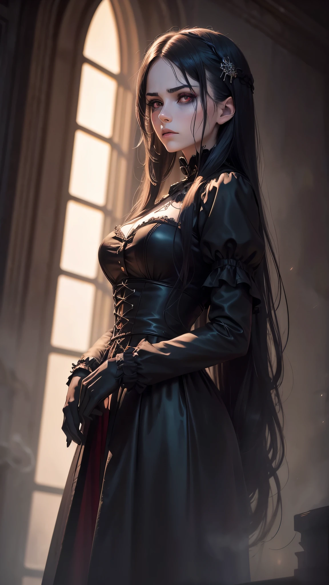 (best quality,4k,8k,highres,masterpiece:1.2),ultra-detailed,(realistic,photorealistic,photo-realistic:1.37),goth anime girl,90s anime,gothic,1woman,dark church,red eyes,dark ambient,low saturation,anime style,pale skin,long flowing hair,gothic clothing,silhouette,surreal background,mysterious atmosphere,intense emotions,melancholic expression,dim candlelight,lens flare,dramatic shadows,symbolic elements,heavy makeup,pale and dark colors,misty fog,ethereal beauty,subtle texture
