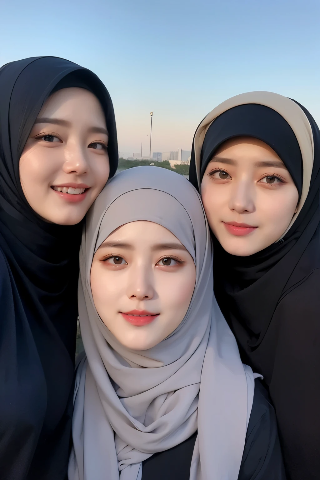 ((Best quality, 8k, Masterpiece :1.37), multiple people wear hijab, threesome standing, (three girl shijabs moslem), Beautiful face, Ultra-HD Face, Face Lighting, Lips laughed lightly,,big breasts, (three girls wear hijab muslim), wear hijab muslim, dark brown hair, tall building background, (Blue sky view, :1.1), face very detailed, detailed red lips, detailed eyes, (korean eyes), double eyelids, detailed nose, detailed legs, three girls wear hijab moslem