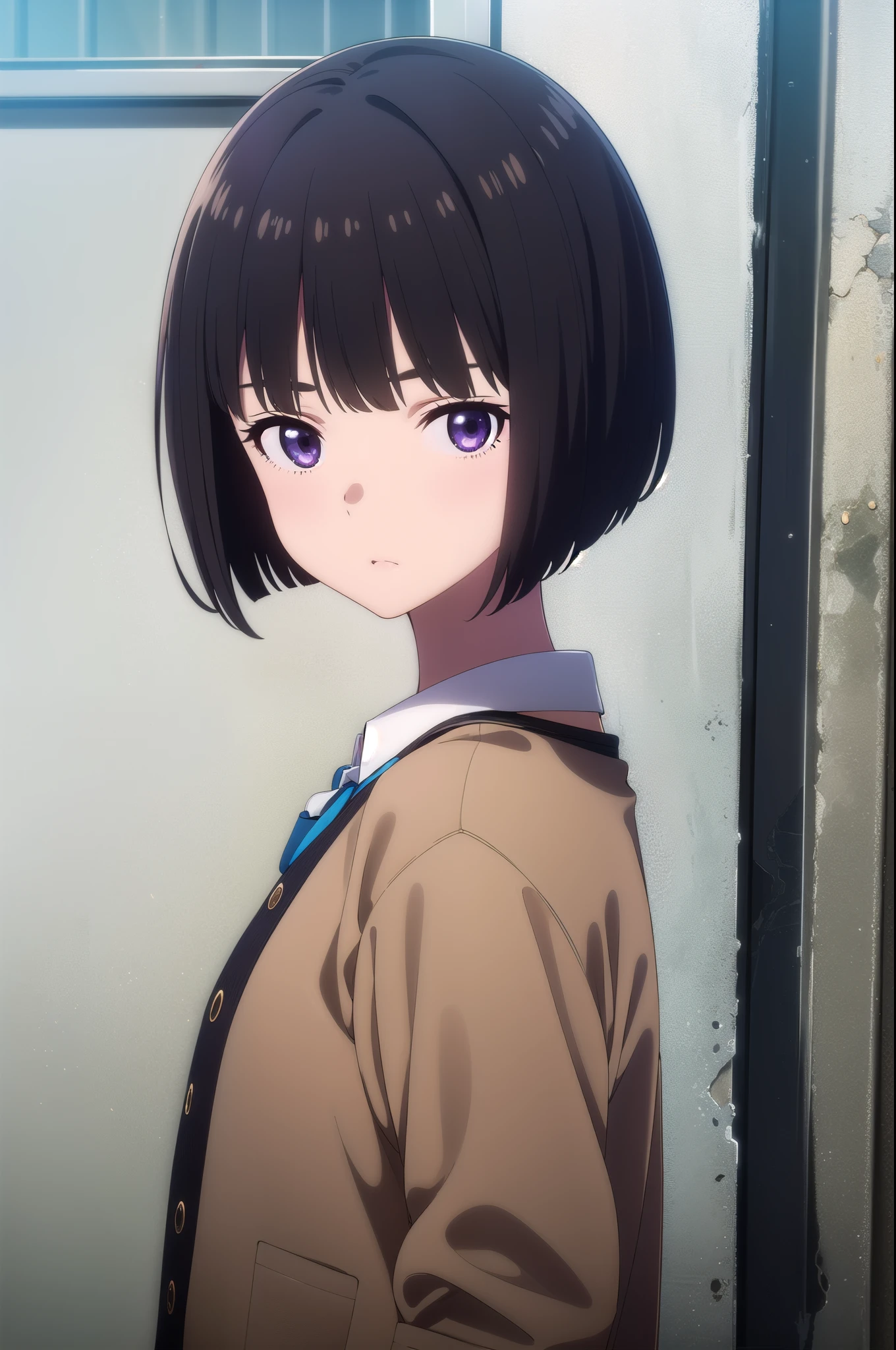 (((pixel-perfect, detail-perfect))), HDR, 4K, 1girl, solo, exposed back, looking at viewer, upper body, black hair, bobhair, short-hair, short bob hair, (((bobcut))), ((haircut:1.3)), undercut, bobbed hair, minibob, sidecut, buzz haircut, sidecut, side of head shaved, purple eyes, ((Shave his hair)) graduation bob, straight short hair, Hair in ears, streetwear, cardigan
