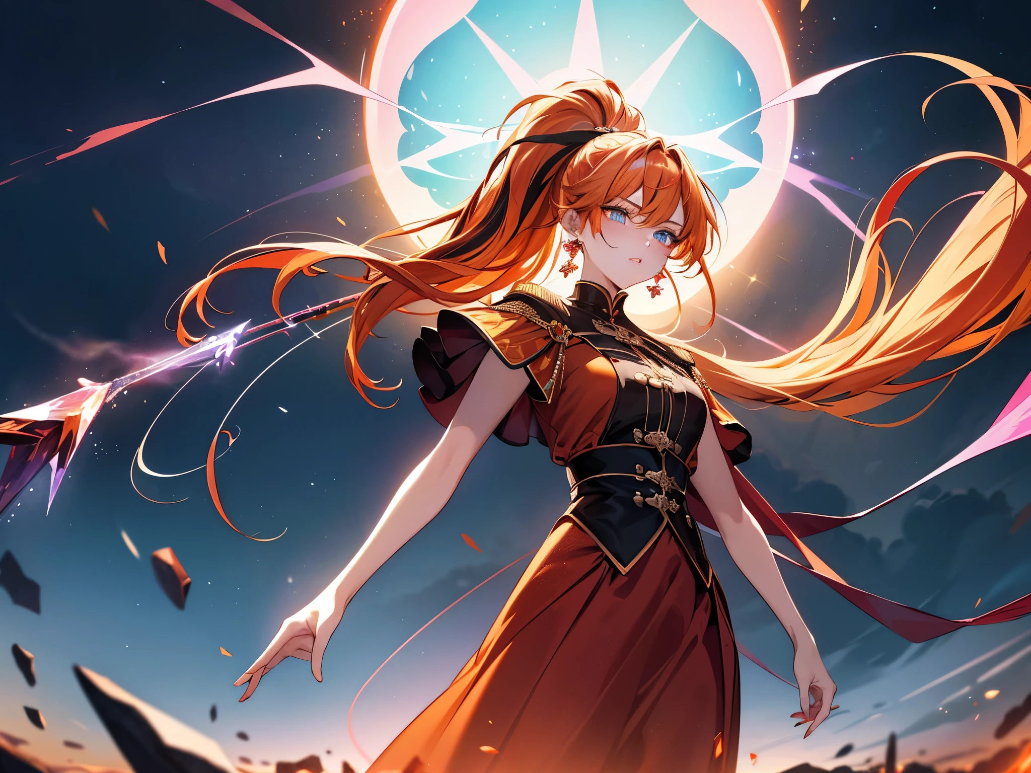 a 16 years old girl, (blonde hair colored inner orange hair:1.4), (streaked bright red hair:1.6), (two litte bells tied to split ponytail), (sparkling Illusion red eyes), Flame pattern red envelope jacket, Red nails, (bright Red katana), (((absurdly extra huge multiple red magic halos standing upright on the back))), (In the sky of the city), (((on the clouds))), Random environment, Random pose, Colored lights swirl around the body, medium hair, single sidelock, split ponytail, hair strand, floating hair, pupils sparkling, aqua eyes, ((glowing eyes)), like real eyes, red eyebrows, red lips, (((in burning crystal earrings))), Futurism, anime, sparkle, ray tracing, reflection light, god rays, backlighting, (glowing light), Ultra-Wide Angle, chiaroscuro, UHD, masterpiece, super detail, best quality, highres, ccurate, retina