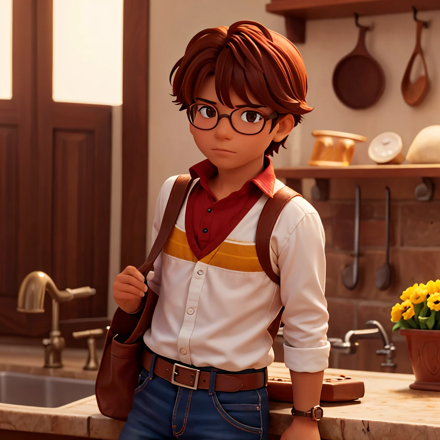 Peruano delgado con lentes, short reddish brown hair.