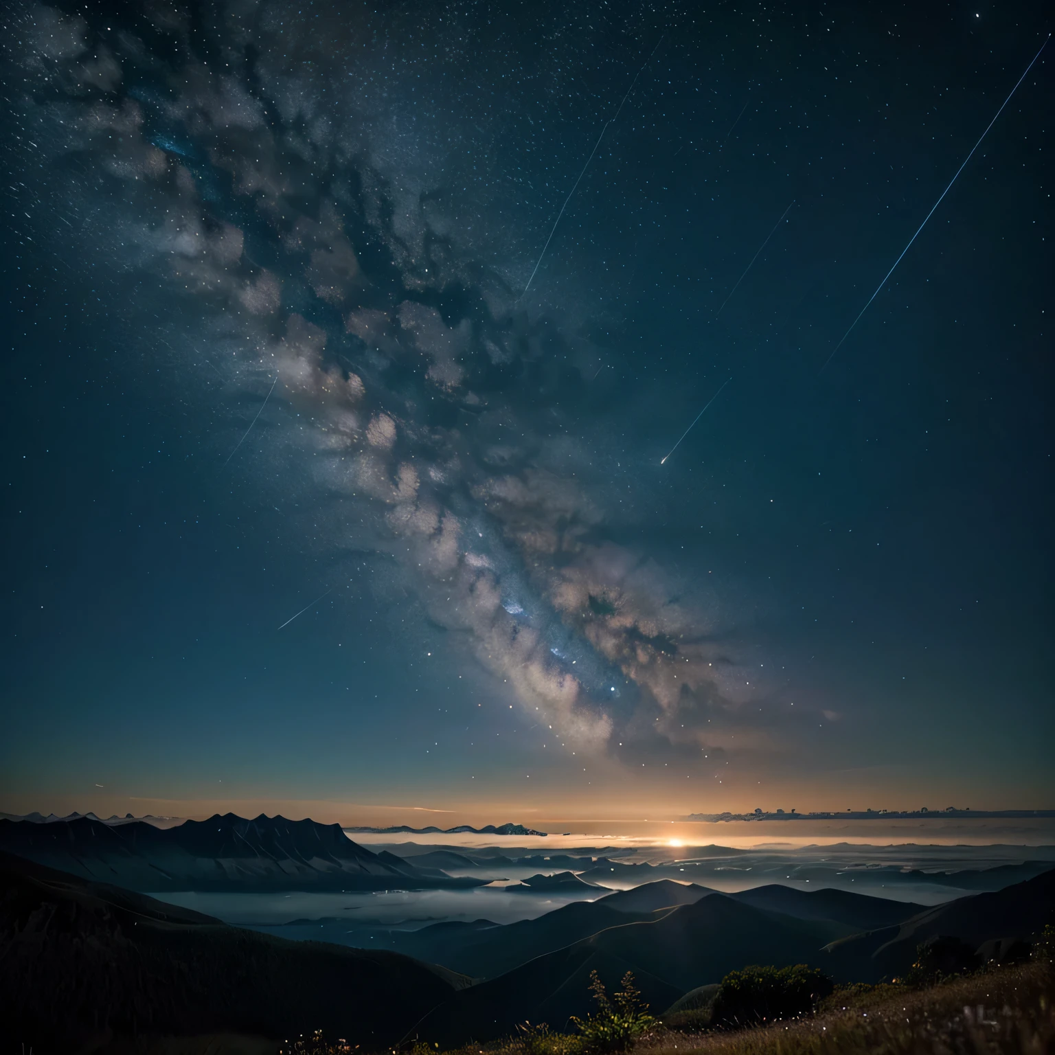 Vast skies: Revealing the vastness of the night sky, This allows the stars and shooting stars to take up a significant part of the composition.., dynamic shooting star: Record the movement and energy of meteors as they move across the sky., Create a sense of movement and wonder.., tranquil landscape: Try adding a tranquil landscape., such as distant mountains or calm waters., To increase feelings of peace and tranquility.