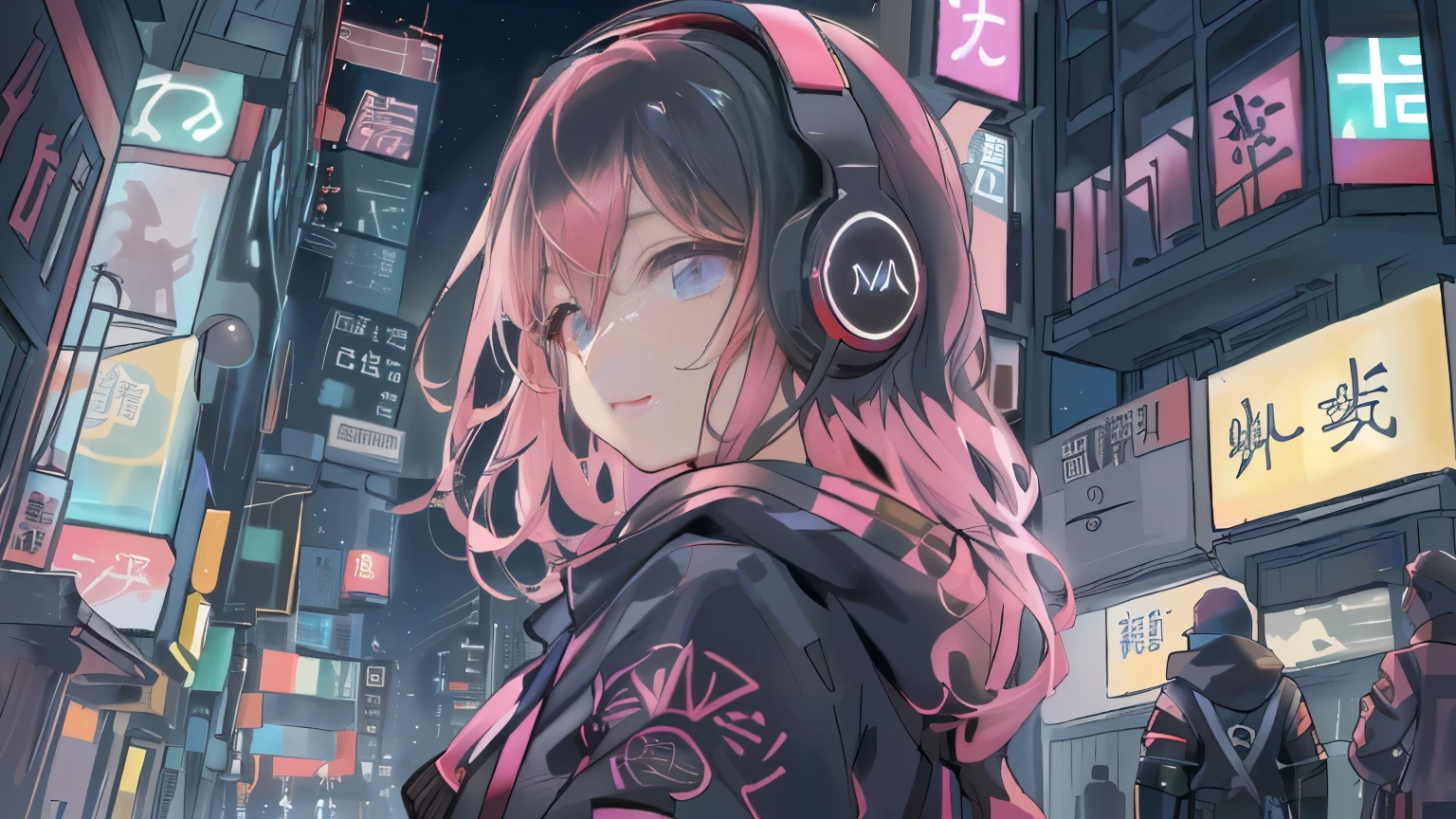 masterpiece,Anime-style illustration showing a young woman in her 20s wearing a black hoodie, facing right, Stand in the middle of the street in a cyberpunk nightlife district. sheはピンクがかった黒髪の長い髪を持っています、Wearing pink glowing headphones. big breasts、she'You are still looking up at the starry sky, but、sheの視線と体はフレームの右側を向いています. The scene should be lively., Reflects a cyberpunk aesthetic, ネオンと未来的な建物がsheを取り囲んでいます. The hustle and bustle of the city continues, but、sheは'Peace amidst chaos, Immerse yourself in the sights and sounds of the night. In the image、Must capture the calm sky above and the vibrant urban environment。, sheの新しい方向性を強調する.