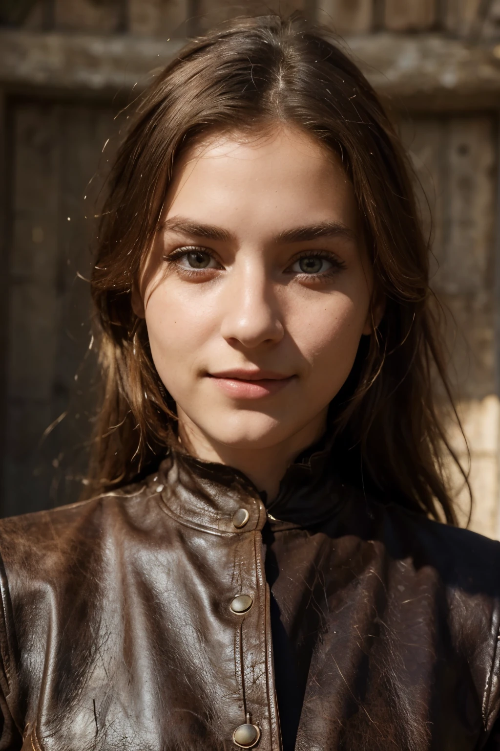 photo from instagram, 22 y.oh woman, wearing an antique vintage abandoned defective dress, ultra textured leather, Beautiful face, perfect detailed eyes, Genuine Leather, straw hair, hard shadows, granularity, German girl named Claudia, the face looks straight into the camera from the front, very beautiful and very beautiful smile