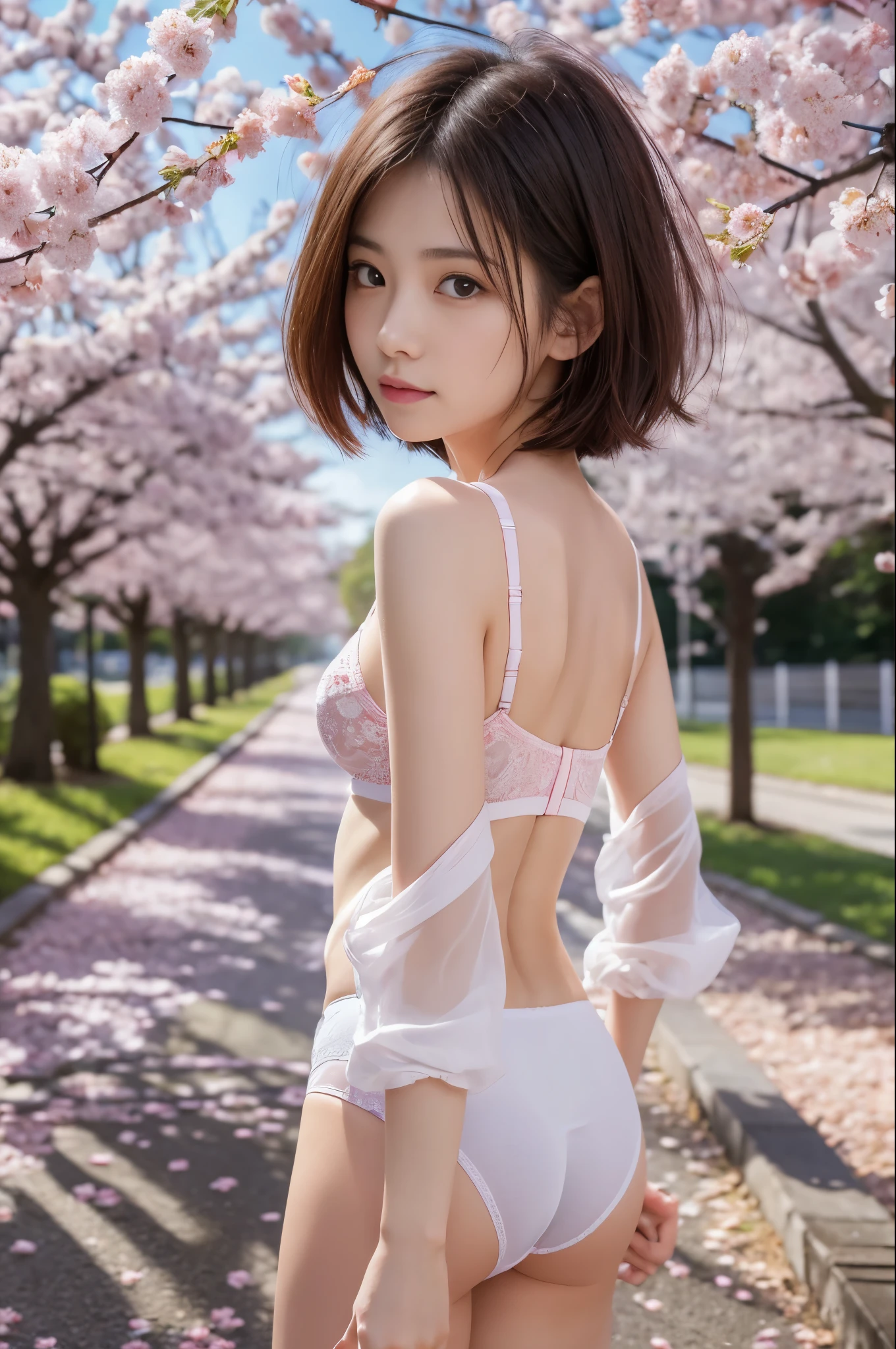 (((NSFW))), (Raw photo:1.2), (realistic), beautiful detailed girl, very detailed eyes and face, beautiful and detailed eyes, huge file size, High resolution, very detailed, highest quality, [table top:1.6], shape, very detailed, small details, highest quality, 8k wallpaper, movie lighting,15 year old girl, boyish girl, Standing with your back,look back here,  Walking through a park rich in nature with cherry blossoms in full bloom, A road filled with cherry blossom petals,  In underwear, I can see your spring-colored bra, I can see spring colored panties, sounds like fun, slender body, young face, immature body, cap, short cut hair,exposed underwear,Looks like fun, ボーイッシュなIn underwearの女の子, early spring scenery, clear sky, Mild weather
