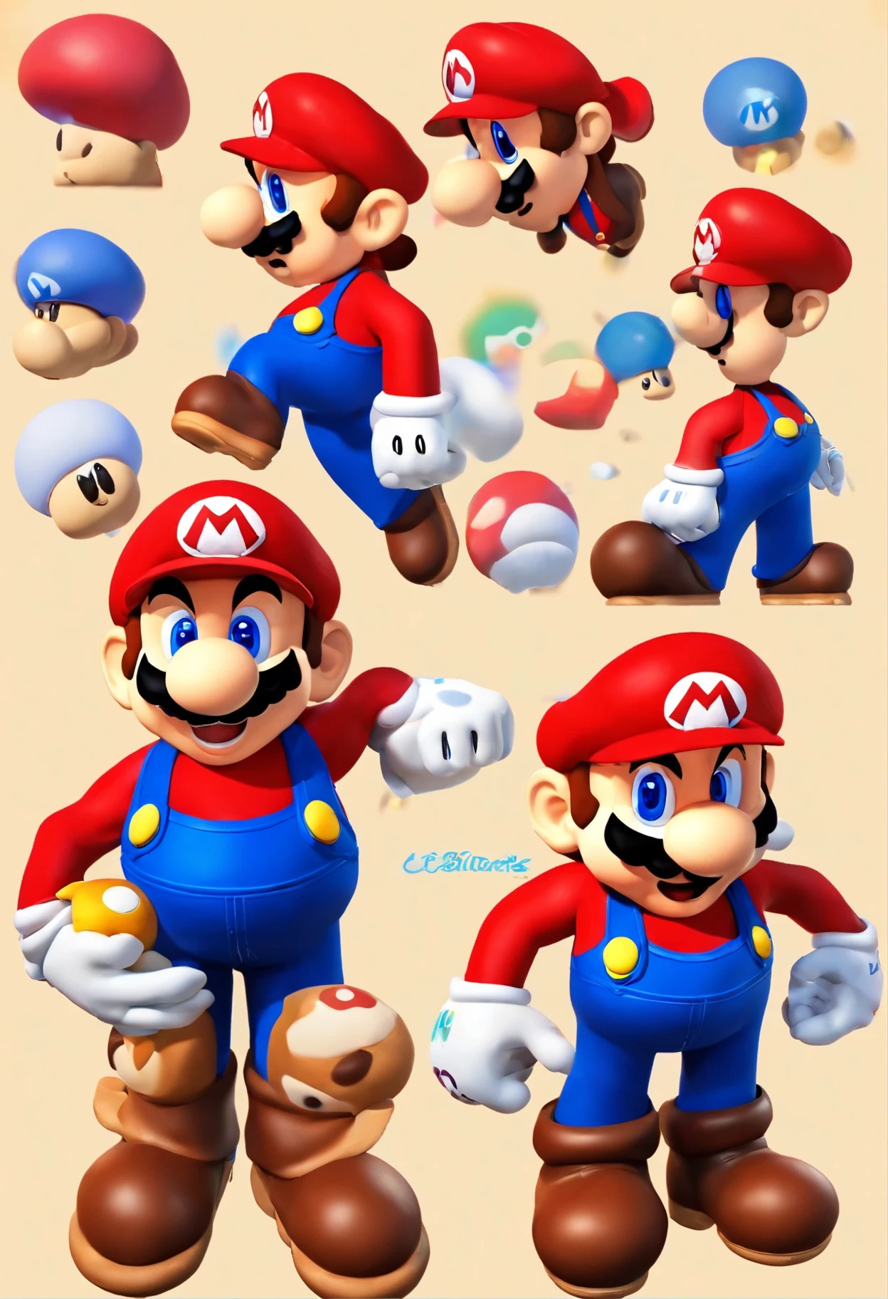(Mario), Design de personagem, Nintendo Super Mario, (olhos azuis, Red Hat, terno vermelho, blue suspenders, luvas brancas, )estilo caixa cega super fofa, chibi, corpo todo, exaggerated expressions and actions, fundo limpo, destaques iridescentes brilhantes, studio lighting, atmospheric lighting, com textura requintada, Alto detalhe, high resolution, C4D, 3D, liquidificador, 8k, Melhor qualidade, ultra high definition