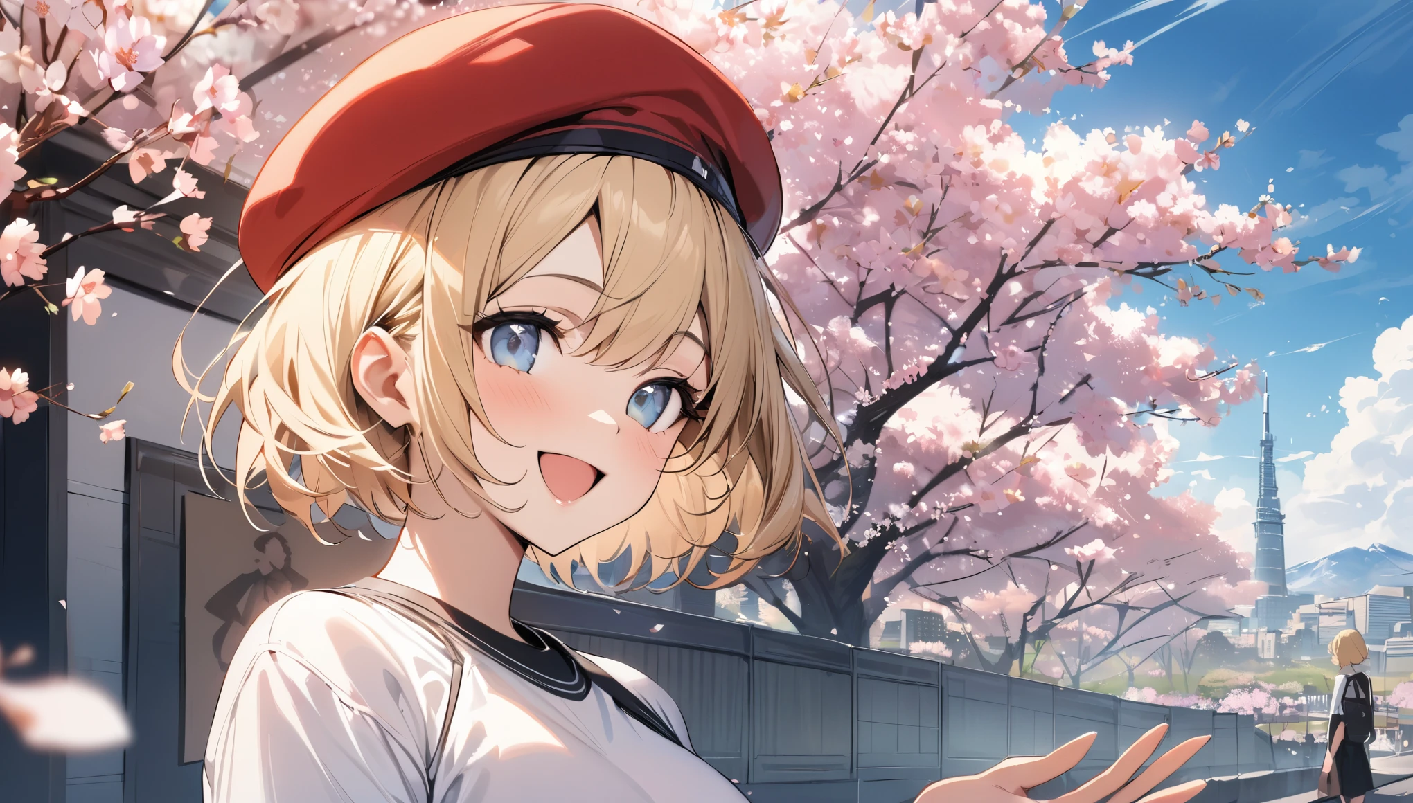 ((best quality)), ((masterpiece)), (detailed), perfect face,blonde,red beret,short hair,cherry blossoms,smile,open your mouth a little,Blue sky,cloud,Standing picture,plain white shirt,Upper body,spring,city,point to the sky with your right hand