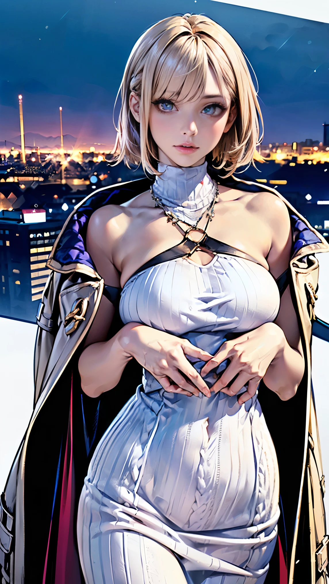 layered bob hairstyle, (Blonde with pink inner color), She has beautiful sparkling purple eye color, masterpiece, highest quality,(realistic: 1.4),ultra high resolution, unity 8k, (detailed and beautiful eyes:1.6),symmetrical, highly detailed face, perfect lighting, (perfect hands, perfect anatomy), (city background:1.3), ((maxi knit dress with open neckline, Gown coat:1.3)), (NSFW:1.3)