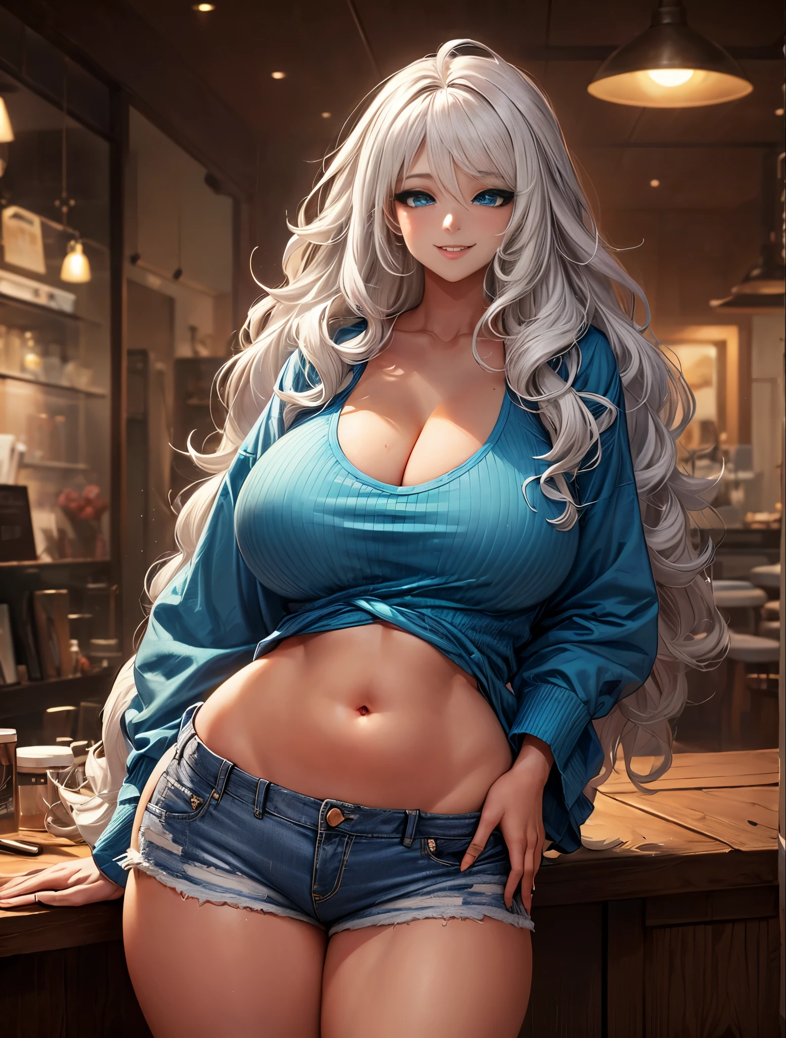 (long hair), (wavy curly hair), ((((white hair)))), (perfect eyes), (huge chest), (((gigantic breasts))), (wide hips), (thick hips), (thick thighs), ((blue cyan eyes)), casual clothes, (((white shirt))), shorts jeans, big lips, eyeliners, ((full makeup)), smirk