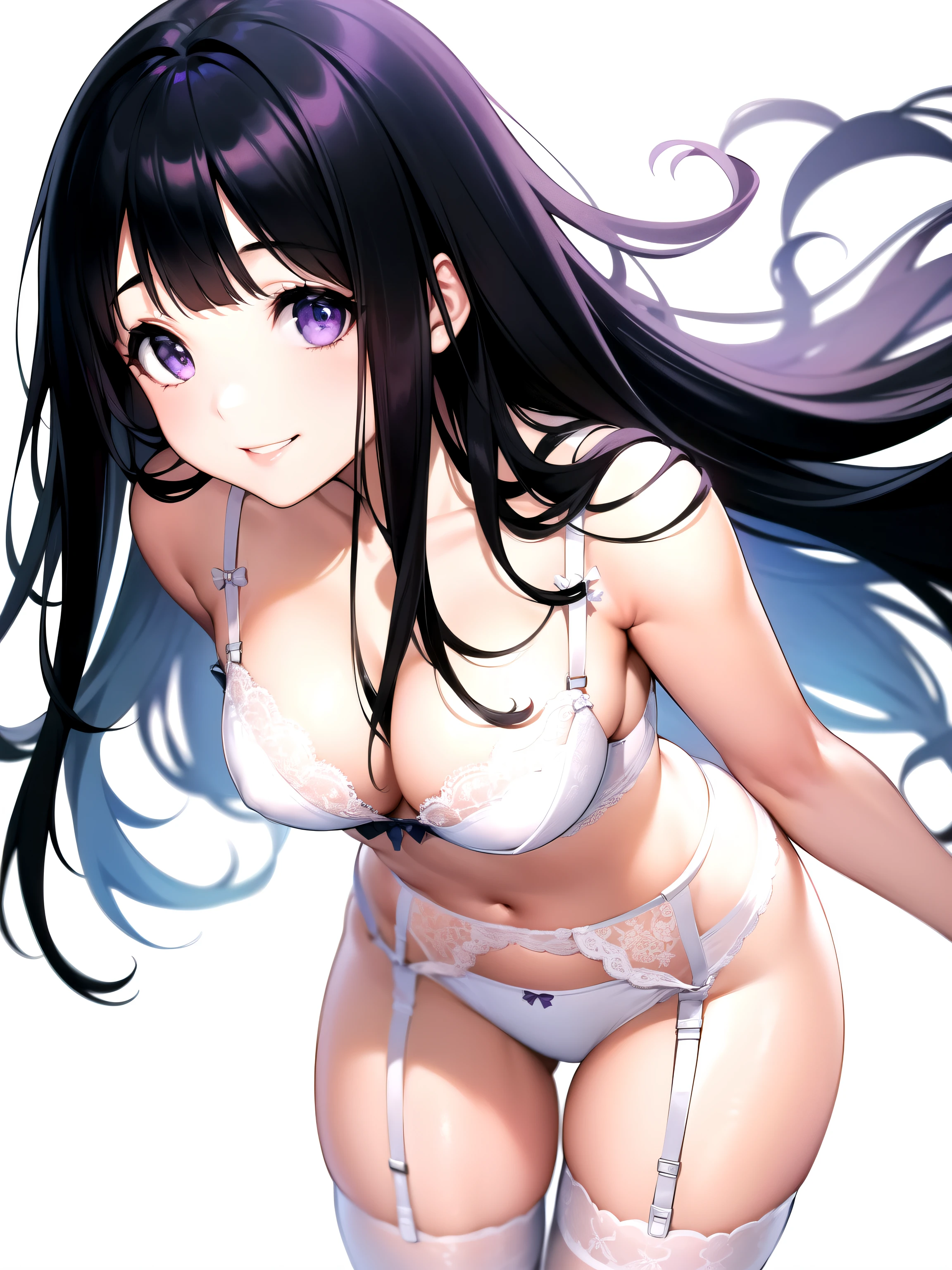 (A superb exquisite Chitanda Eru), (mature face), intricate details, (finely detailed beautiful eyes: 1.2), purple eyes, long black hair, natural straight hair, straight bangs, solo, [Small_breasts: large_breasts: 0.5], extremely delicate, peerless beautiful girl, dreamy quality, solid color, bright lips, slender waist, straight curves, soft lights and shadows, super fine, 8K HD, (masterpiece:1.4), (((lingerie, sexy smile, garter belt, white background)))