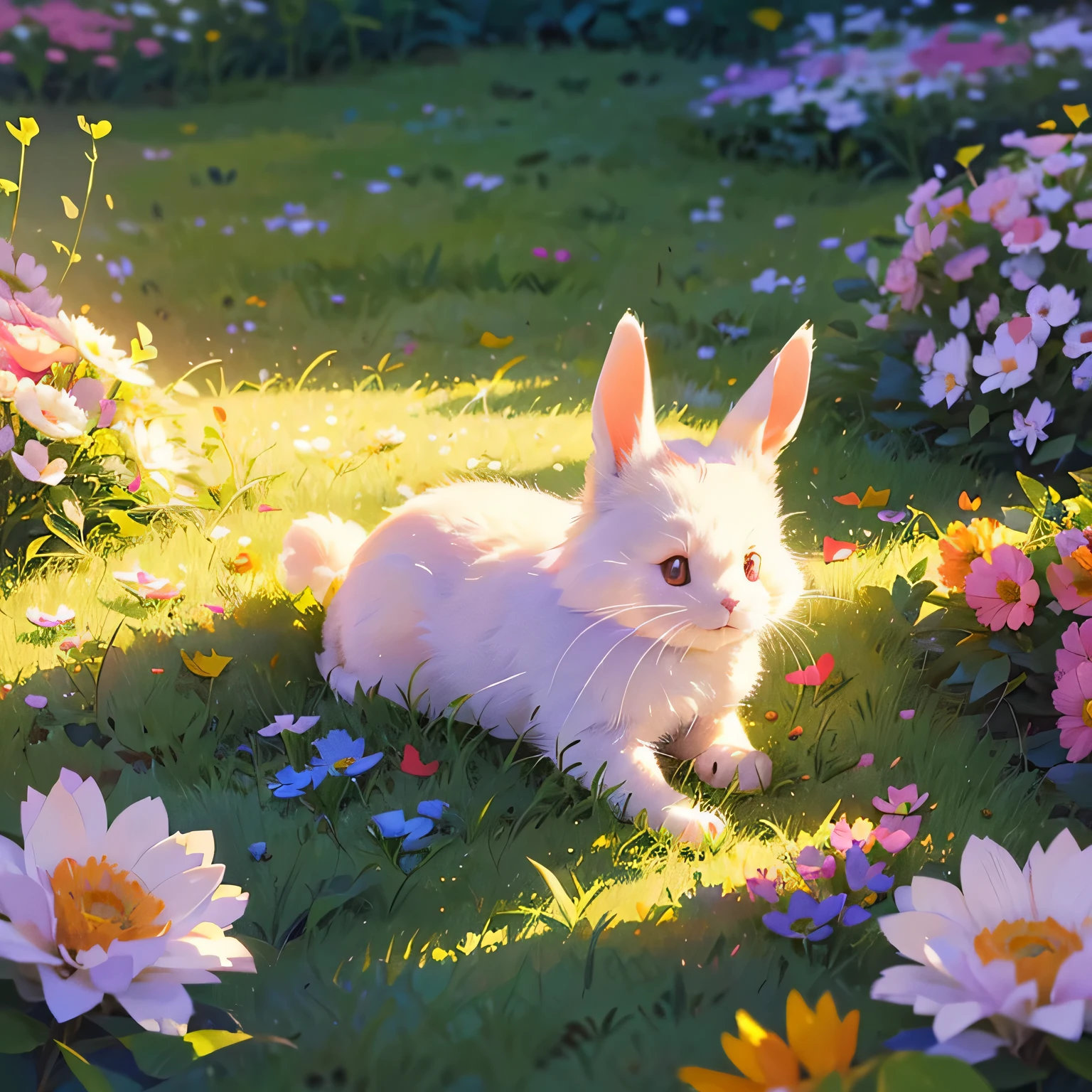 (a cute white rabbit:1.1),(soft furry texture),(bright round eyes),(long ears),(pink nose),(whiskers),(playful expression),(sitting on green grass),(colorful flowers around),(warm sunlight),(vibrant colors),(crisp details),(digital illustration)