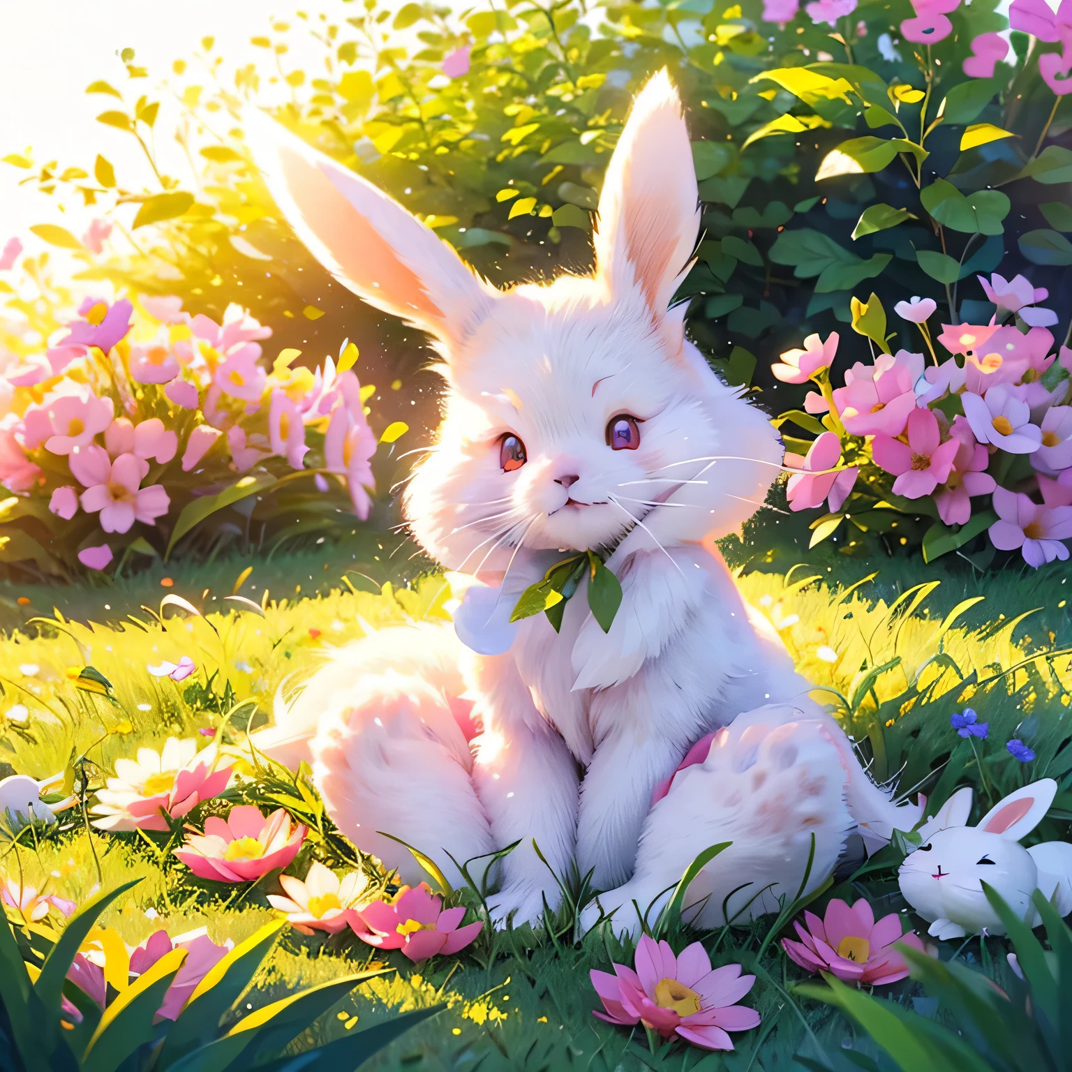 (a cute white rabbit:1.1),(soft furry texture),(bright round eyes),(long ears),(pink nose),(whiskers),(playful expression),(sitting on green grass),(colorful flowers around),(warm sunlight),(vibrant colors),(crisp details),(digital illustration)