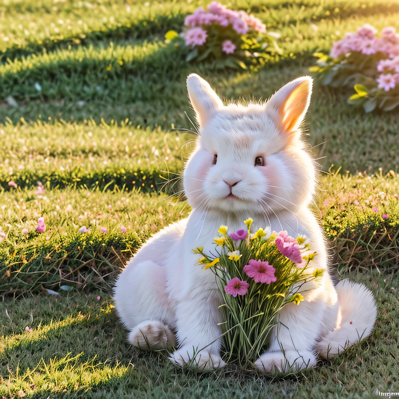 (a cute white rabbit:1.1),(soft furry texture),(bright round eyes),(long ears),(pink nose),(whiskers),(playful expression),(sitting on green grass),(colorful flowers around),(warm sunlight),(vibrant colors),(crisp details),(digital illustration)