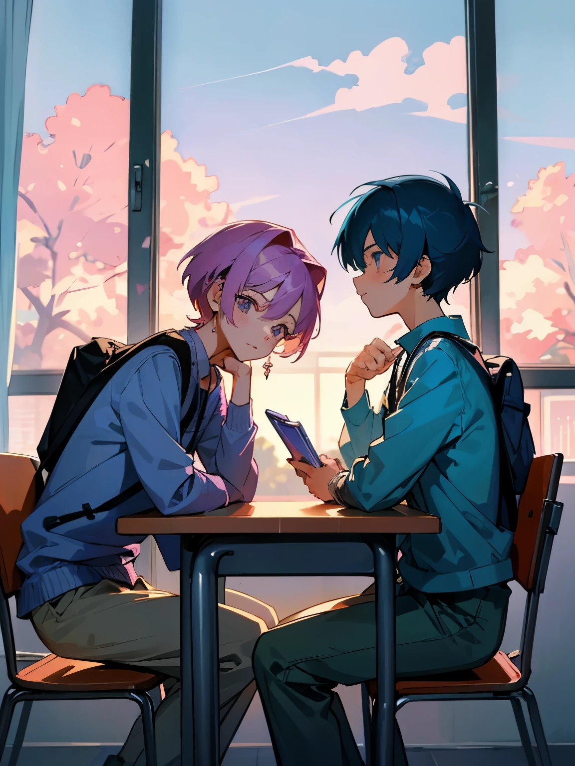cartoon of two boys sitting at a table with a book and a backpack, ddlc, in the art style of 8 0 s anime, 9 0 s anime style, 90s anime style, in anime style, in an anime style, anime aesthetic, anime vibes, 9 0 s anime aesthetic, 9 0 s anime art style, lofi boy, typical anime classroom, beautiful background window, two cute boys, beautiful faces
