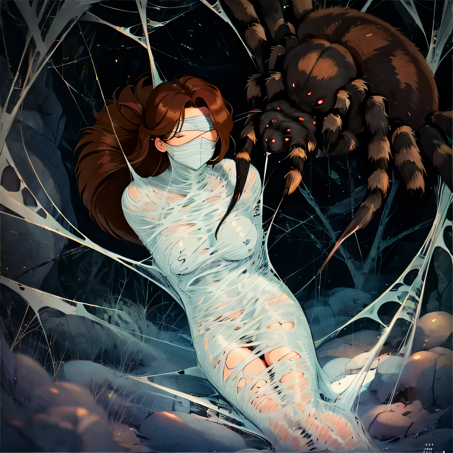 1girl,Spider weaves a net on a girl, very realistic, very detailed,bed,stretched, dark cave, struggle in the net,brown haired, very long sheer skirt,lying down,(blindfold:1.4),spider web,cocoon