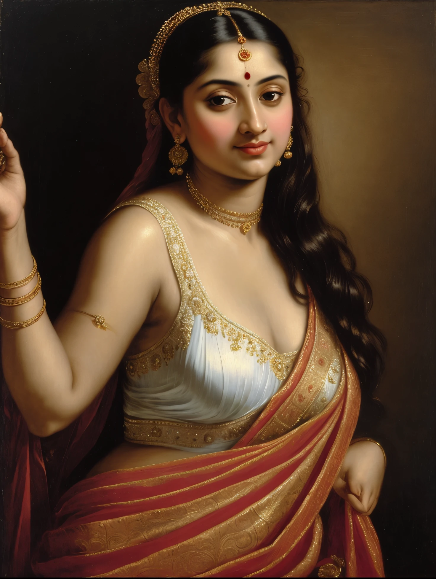 Beautiful Indian Woman, wearing saree, sari Beauty, gorgeous, Apsara, Maharani, royal queen woman, nymph from Hindu Mythology, Urvashi, matchless beauty, Highly detailed, Oil Painting by Peter Paul Rubens inspired by Raja Ravi Varma, Matchless beauty, captivating, gorgeous, heavenly beauty, celestial beauty, by Peter Paul Rubens, 13, realistic, hyper realistic, micro details, incredible artwork, insane details, ultra High resolution, 8k, 32k, acrylic on canvas, intricate, flawless, detailed, detailed face, detailed eyes, masterpiece, by Peter Paul Rubens, by Caravaggio, by William Adolphe bouguereau, perfect face, perfect body, beautiful art, realism, baroque, renaissance Art, highly textured, beautiful and detailed eyes, uhd, best quality,
