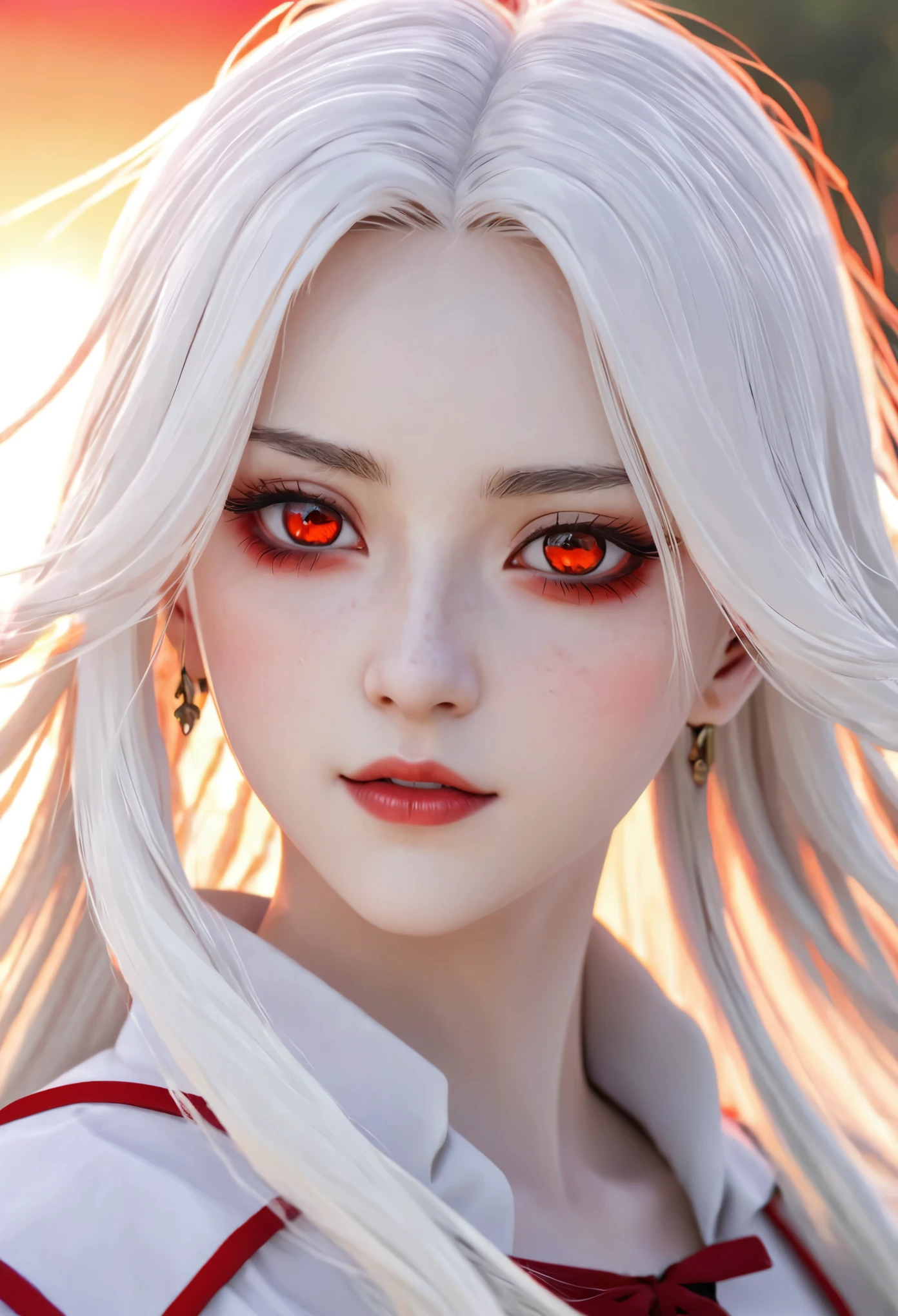 Create a female character that is part of the Demon Slayer anime with the following characteristics:
Tall in height Pale skin Red eyes Long white hair with red highlights Face with a delicate appearance, sweet and gentle Spots near the mouth and eyes For clothes something related to the sun In the hair various accessories
(Note she is not human, so do it like an animation)