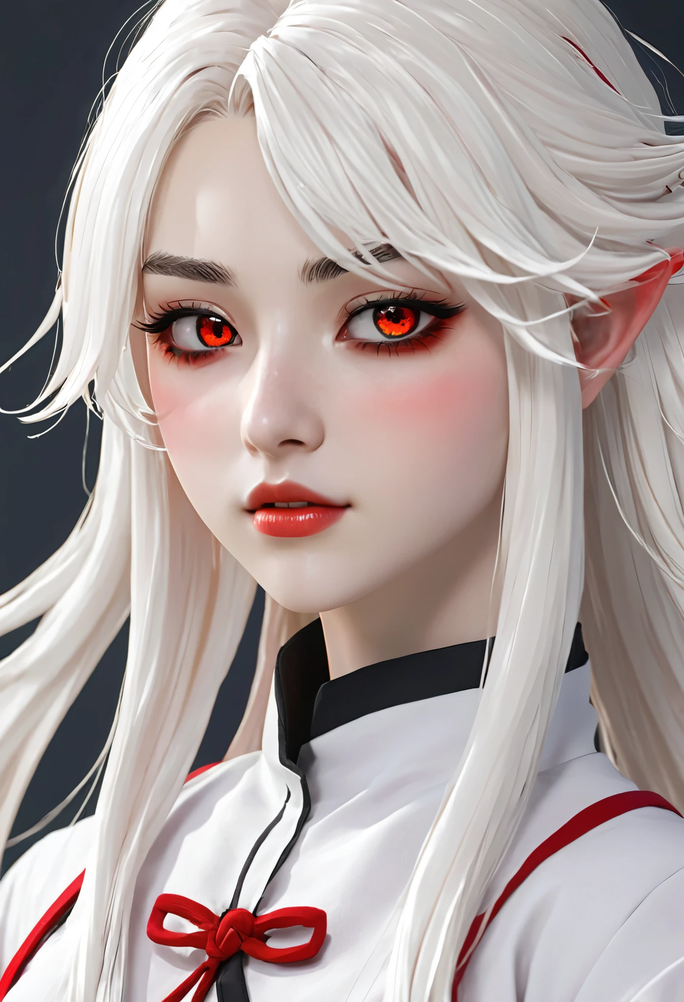 Create a female character that is part of the Demon Slayer anime with the following characteristics:

Tall in height Pale skin Red eyes Long white hair with red highlights Face with a delicate appearance, sweet and gentle Spots near the mouth and eyes For clothes something related to the sun In the hair various accessories

(Note she is not human, so do it like an animation)
