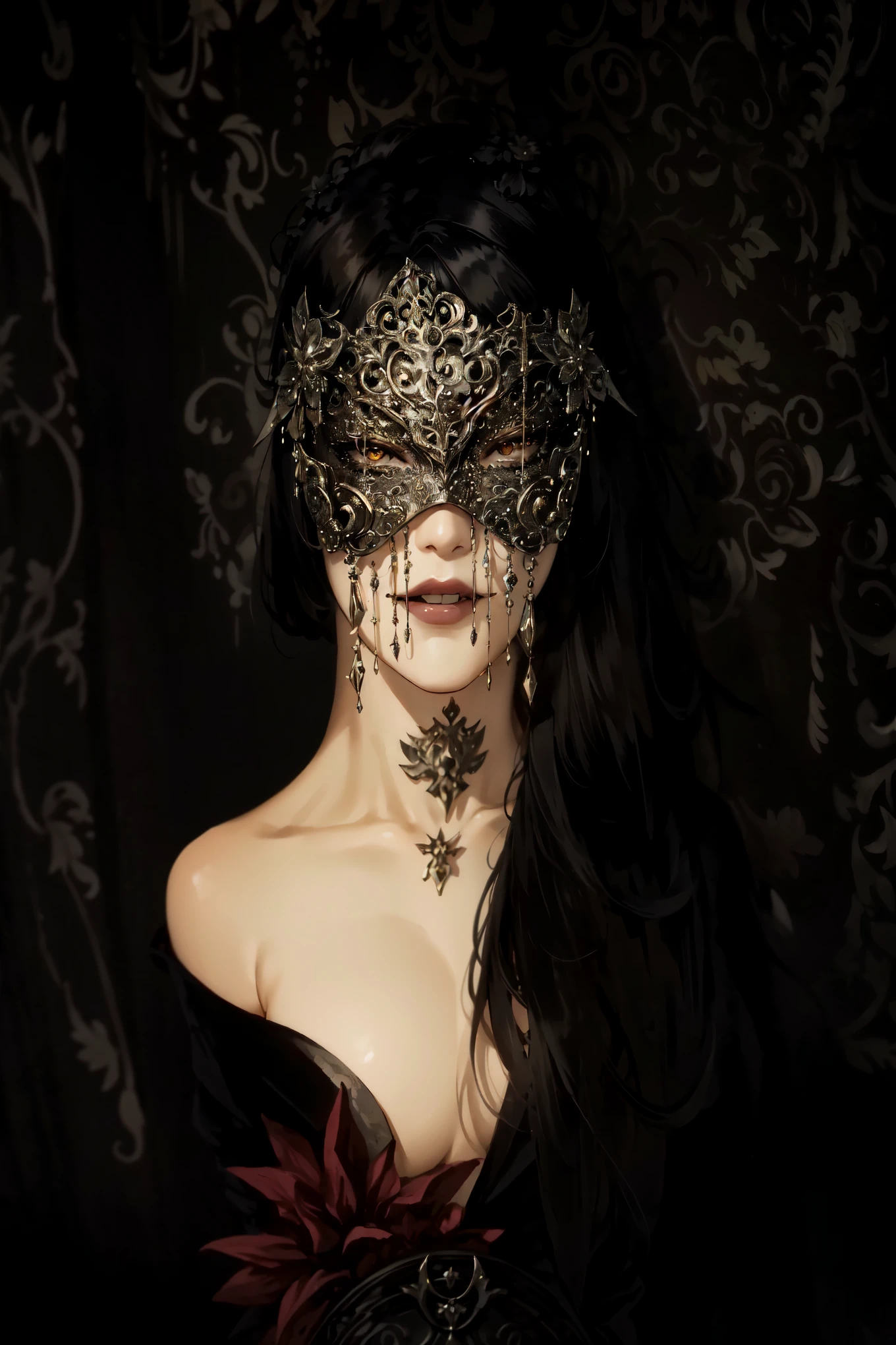 arafed woman with a black dress and a mask on, ornamental gothic - cyberpunk, intricate mask, wearing a bejeweled mask, masquerade mask, ornate mask, wearing gothic accessories, full face occult silver mask, gothic regal, dark witch headdress, vampre the masquerade, raven mask, dark and intricate, metal mask, gothic and baroque, detailed mask