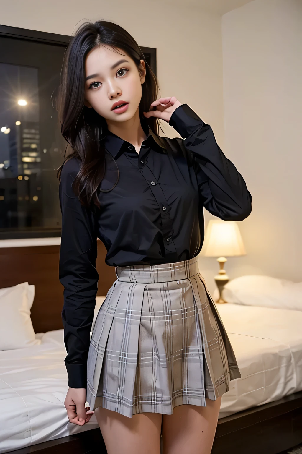 ((masterpiece:1.4))、((muste piece:1.4))、((long black hair woman:1.4))、((Wearing a short pleated skirt with a light brown plaid pattern:1.4))、((Standing in hotel bedroom:1.4))、 ((cowboy shot:1.4))、((16 year old female high school student:1.4))、innocent look、((Wearing a white long-sleeved collared dress shirt:1.4))、((small breast:1.4))、((Light brown plaid miniskirt that highlights the thighs:1.4))、((scared expression woman:1.4))、