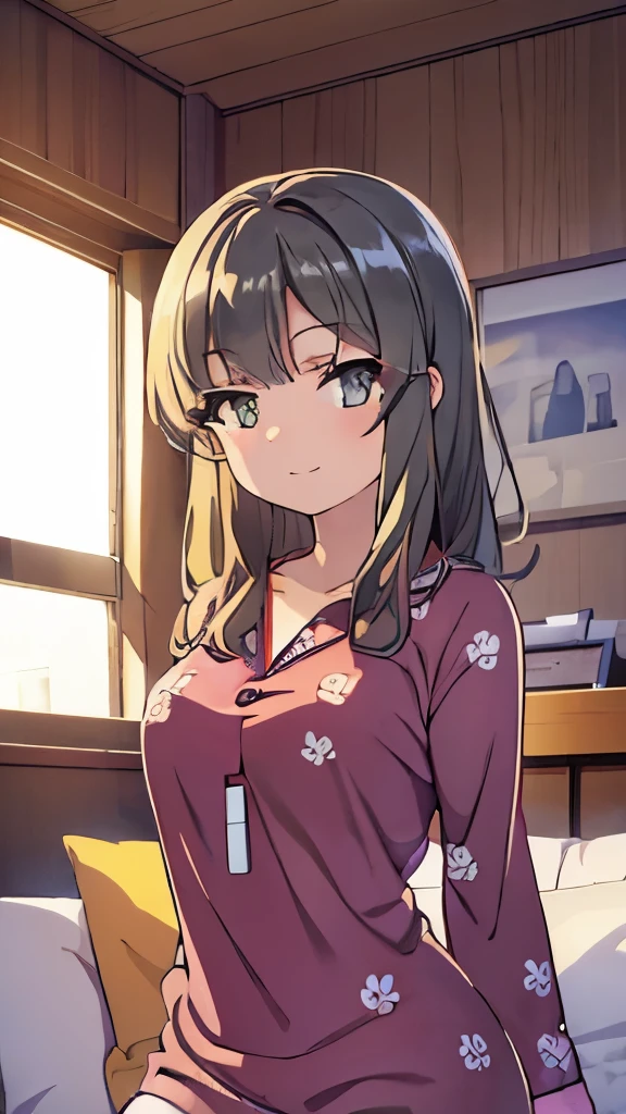 ((masterpiece)), ((best quality)), (ultra-detailed), anime style, on the bed, a cute girl, 1girl, solo, pajama00, ((beautiful eyes)), small breast, smile