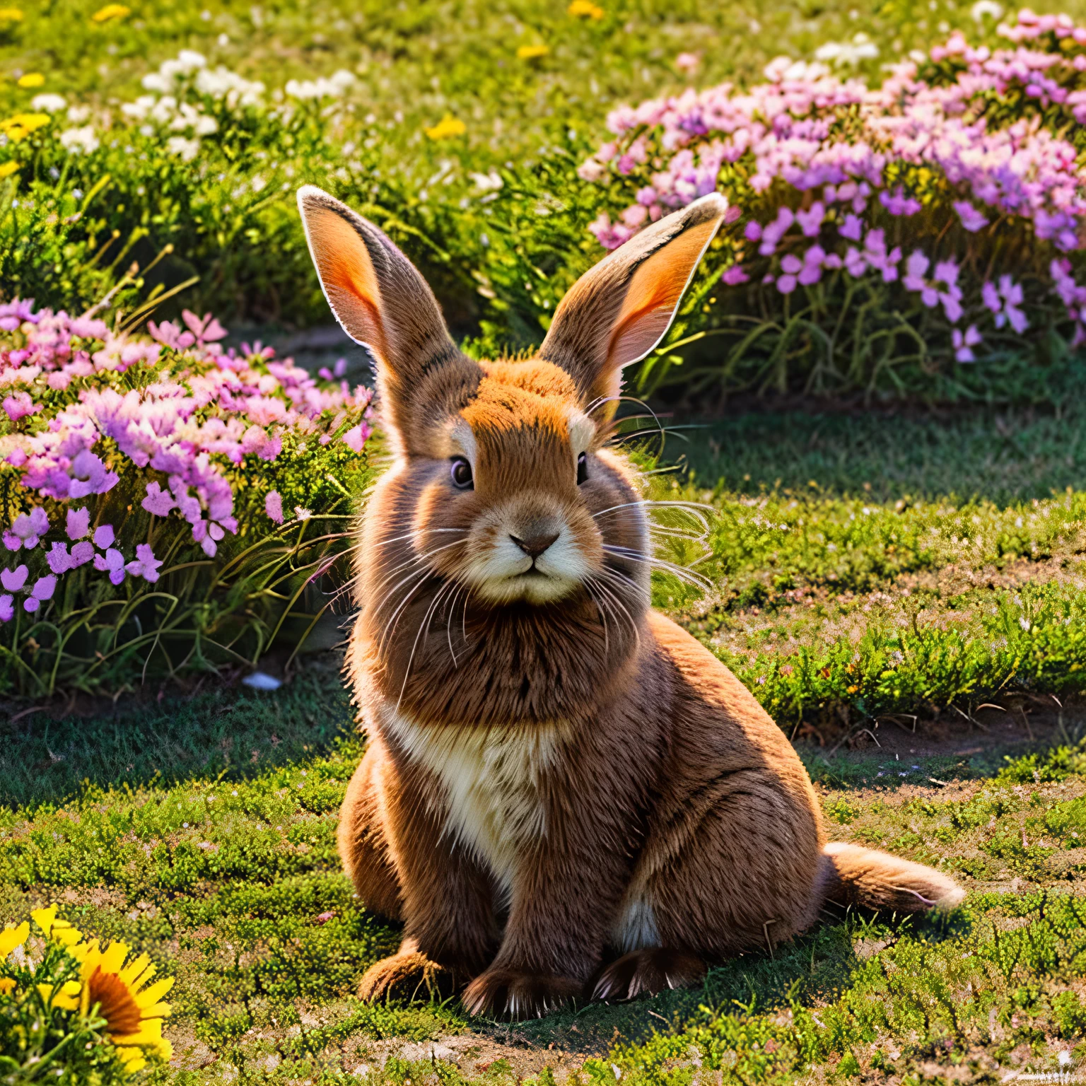 (a cute brown rabbit:1.1),(soft furry texture),(bright round eyes),(long ears),(pink nose),(whiskers),(playful expression),(sitting on green grass),(colorful flowers around),(warm sunlight),(vibrant colors),(crisp details),(digital illustration)