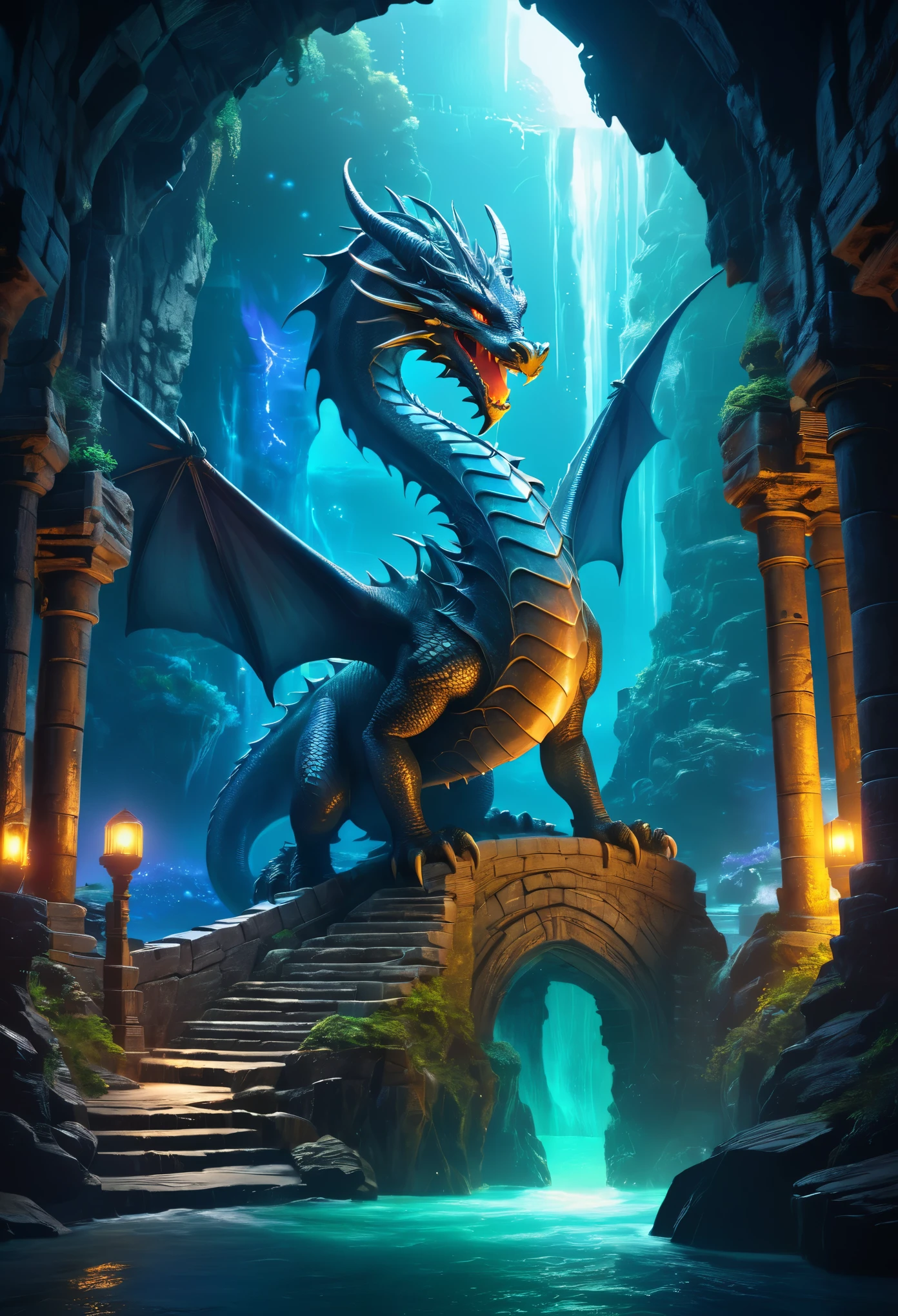 Best quality masterpiece,dungeon,a dragon,beautiful and natural fantasy landscape with bright lights,perfect proportions,perfect anatomy,sea,gorgeous color grading