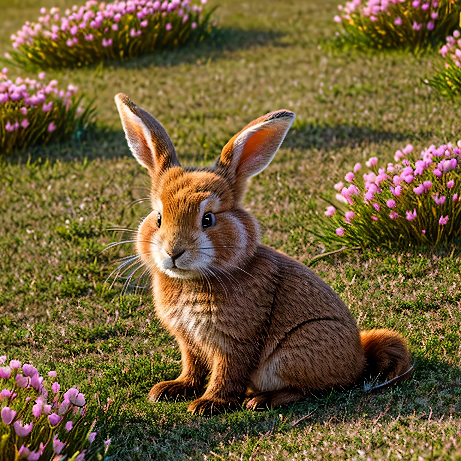 (a cute brown rabbit:1.1),(soft furry texture),(bright round eyes),(long ears),(pink nose),(whiskers),(playful expression),(sitting on green grass),(colorful flowers around),(warm sunlight),(vibrant colors),(crisp details),(digital illustration)