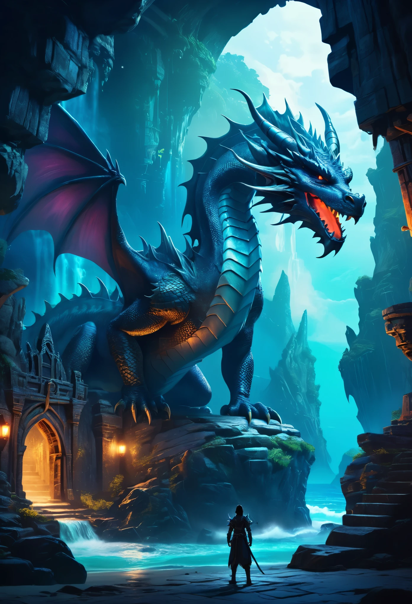 Best quality masterpiece,dungeon,a dragon,beautiful and natural fantasy landscape with bright lights,perfect proportions,perfect anatomy,sea,gorgeous color grading