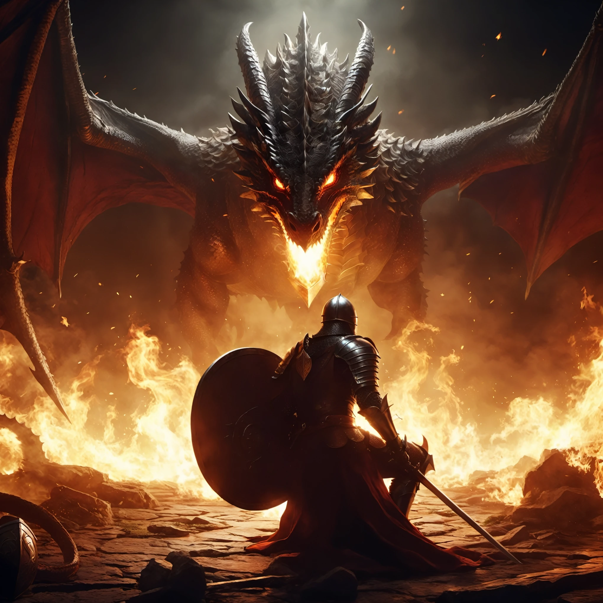 fantasy, D&D, a close up of a knight with a sword and shield, battle with dragon, fighting a dragon, dragon in the background, dragon breathing fire, unreal engine , dungeon's & dragons, unreal engine fantasy art, epic dragon, fire, dark lightning, kneeling knight behind shield, 