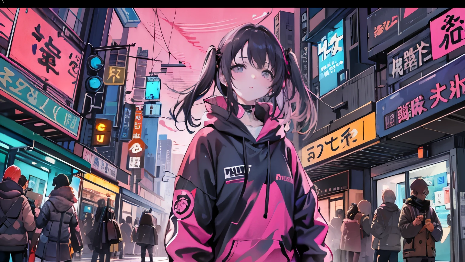 masterpiece,Anime-style illustration showing a young woman in her 20s wearing a black hoodie, facing right, Stand in the middle of the street in a cyberpunk nightlife district. sheはピンクがかった黒髪の長い髪を持っています、Wearing pink glowing headphones. big breasts、she&#39;You are still looking up at the starry sky, but、sheの視線と体はフレームの右側を向いています. The scene should be lively., Reflects a cyberpunk aesthetic, ネオンと未来的な建物がsheを取り囲んでいます. The hustle and bustle of the city continues, but、sheは&#39;Peace amidst chaos, Immerse yourself in the sights and sounds of the night. In the image、Must capture the calm sky above and the vibrant urban environment。, sheの新しい方向性を強調する.
