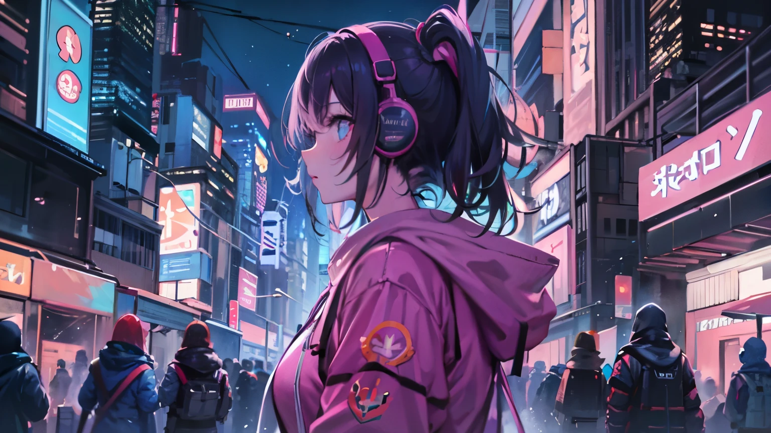 masterpiece,Anime-style illustration showing a young woman in her 20s wearing a black hoodie, facing right, Stand in the middle of the street in a cyberpunk nightlife district. sheはピンクがかった黒髪の長い髪を持っています、Wearing pink glowing headphones. big breasts、she&#39;You are still looking up at the starry sky, but、sheの視線と体はフレームの右側を向いています. The scene should be lively., Reflects a cyberpunk aesthetic, ネオンと未来的な建物がsheを取り囲んでいます. The hustle and bustle of the city continues, but、sheは&#39;Peace amidst chaos, Immerse yourself in the sights and sounds of the night. In the image、Must capture the calm sky above and the vibrant urban environment。, sheの新しい方向性を強調する.
