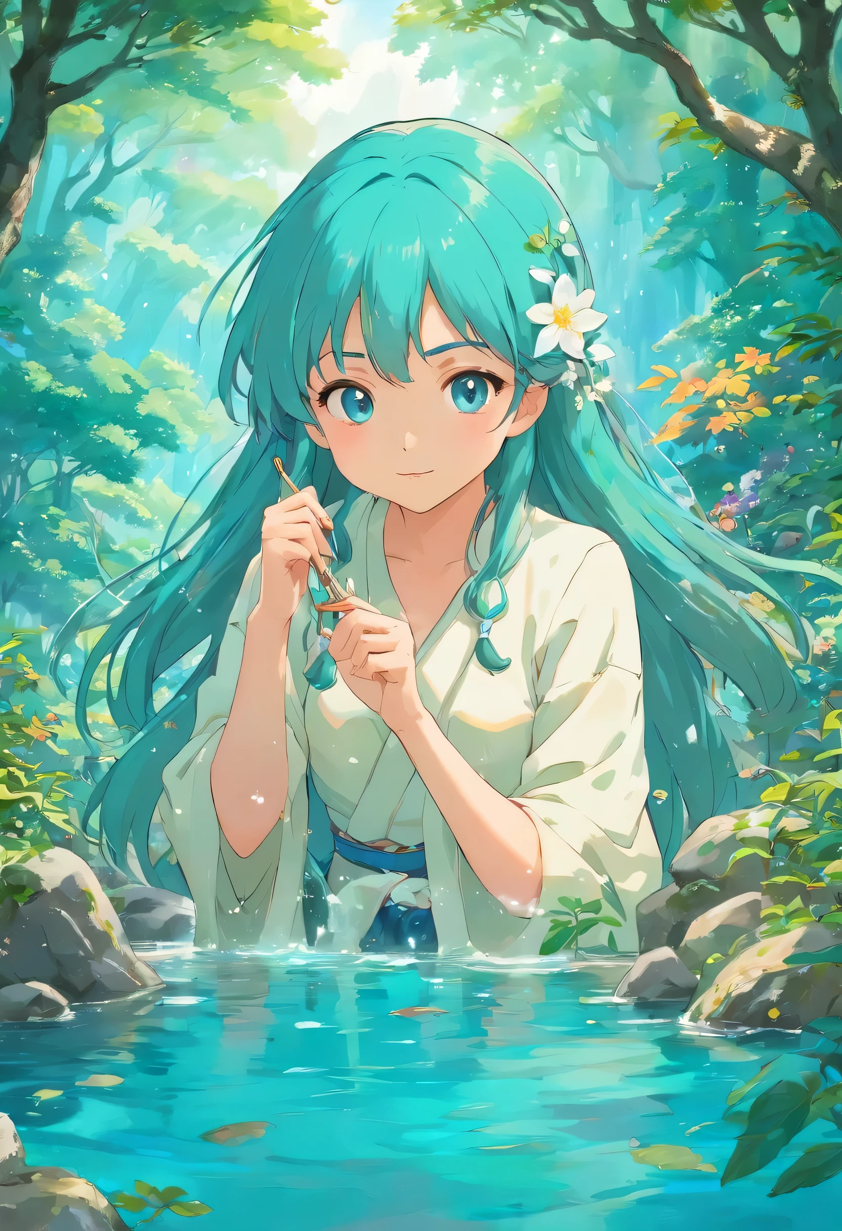 uma garota usando uma coleira de anime, um longo colar e brincos, no estilo de paisagens de jardim tranquilas, color animation photos, masami teraoka, aquamarine, paul gauguin, Estilo Embry, retrato honesto