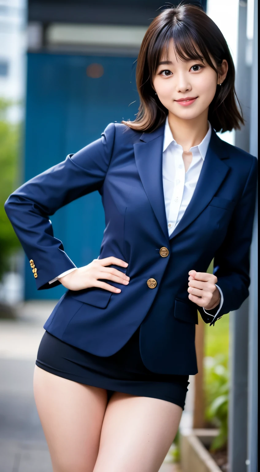 Best-quality, Masterpiece, Ultra-High-Resolution, (Photorealistic:1.4), Raw-Photo, 1girl, the most famous Japanese idol, wearing navy-blue business-suit, extremely cute face like the most popular Japanese idol, extremely beautiful big-black-eyes, extremely beautiful gorgeous-hairstyle, extremely beautiful skins, extremely beautiful thighs, extremely beautiful hip, looking at viewer, innocent-smile, dynamic-pose, detailed navy-blue-business-suit